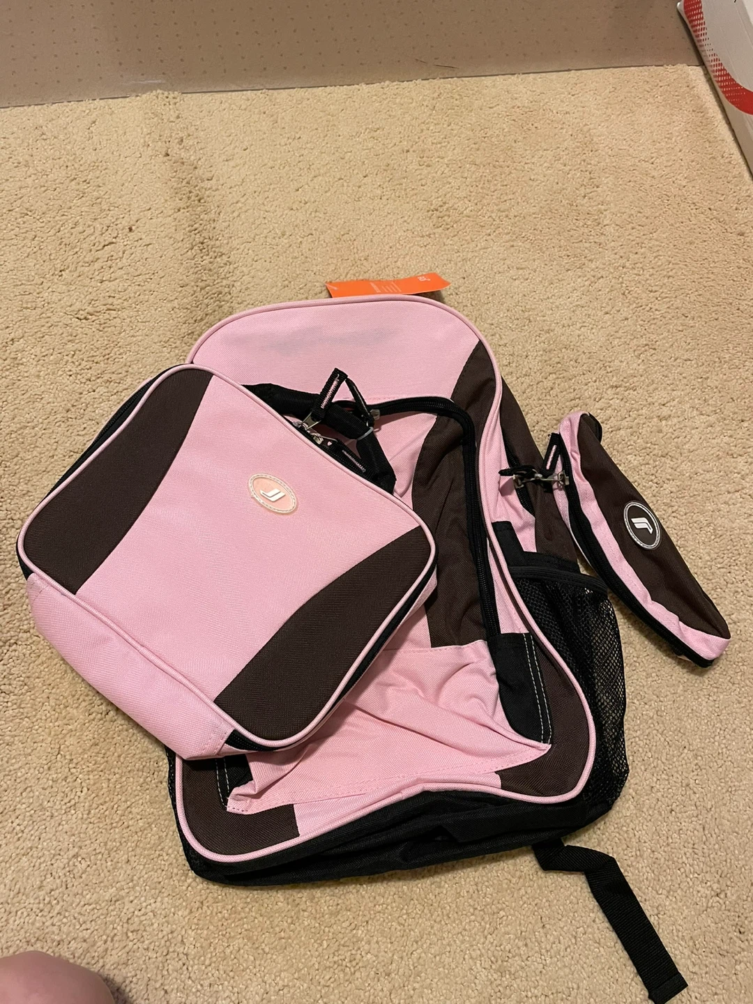 Pink/Brown Backpack with Accessories