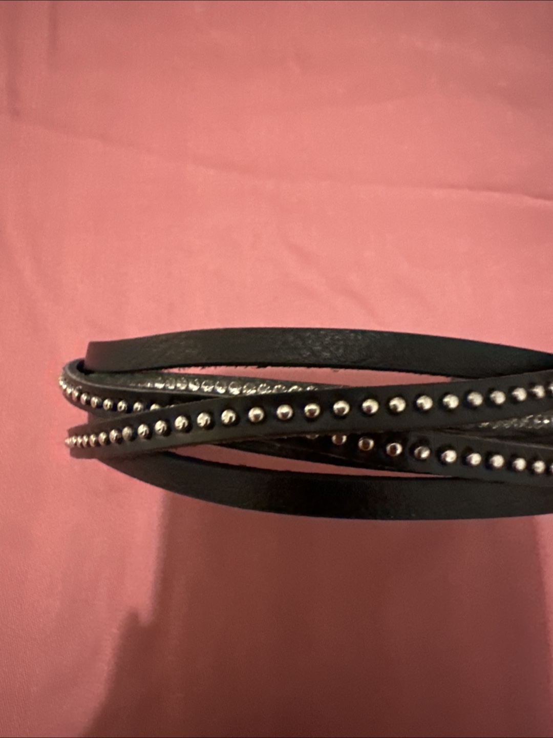 Leather and crystal wristband for a sharp look  a shop look