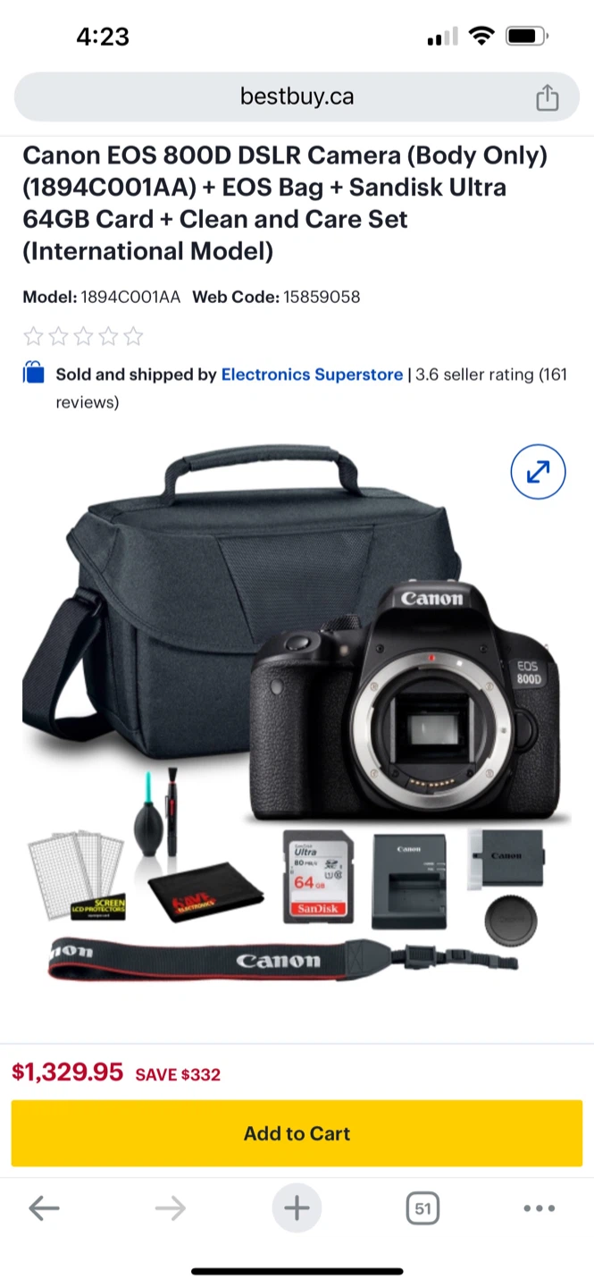 Canon EOS 800D DSLR Camera + Bag & Sandisk Card