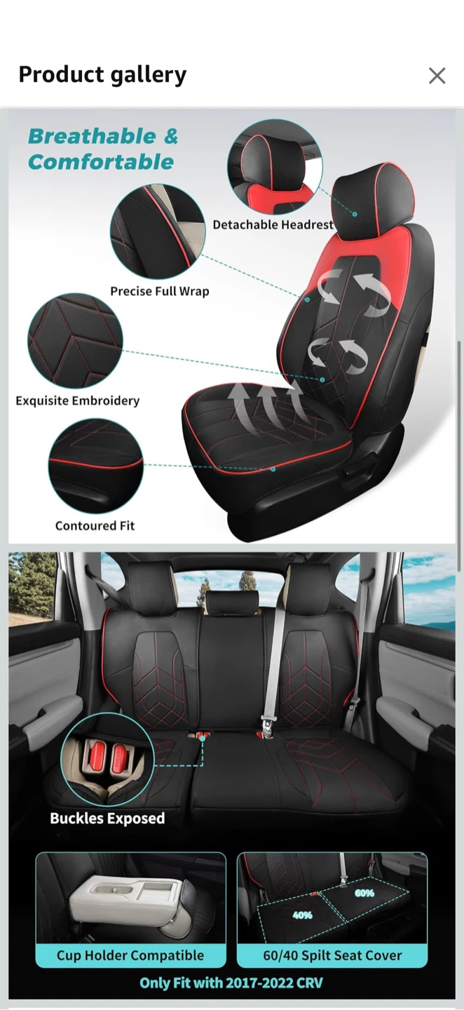 FEINEPRO Seat Covers for Honda CR-V 2017–2022 — Black/Red — NEW - photo 3