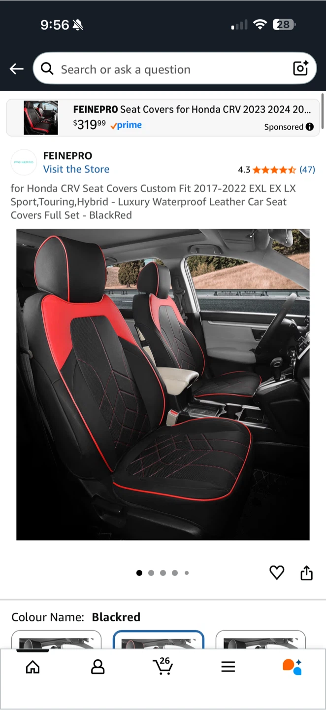 FEINEPRO Seat Covers for Honda CR-V 2017–2022 — Black/Red — NEW