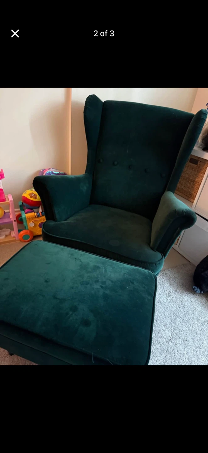 STRANDMON Armchair and footstool, Djuparp dark green