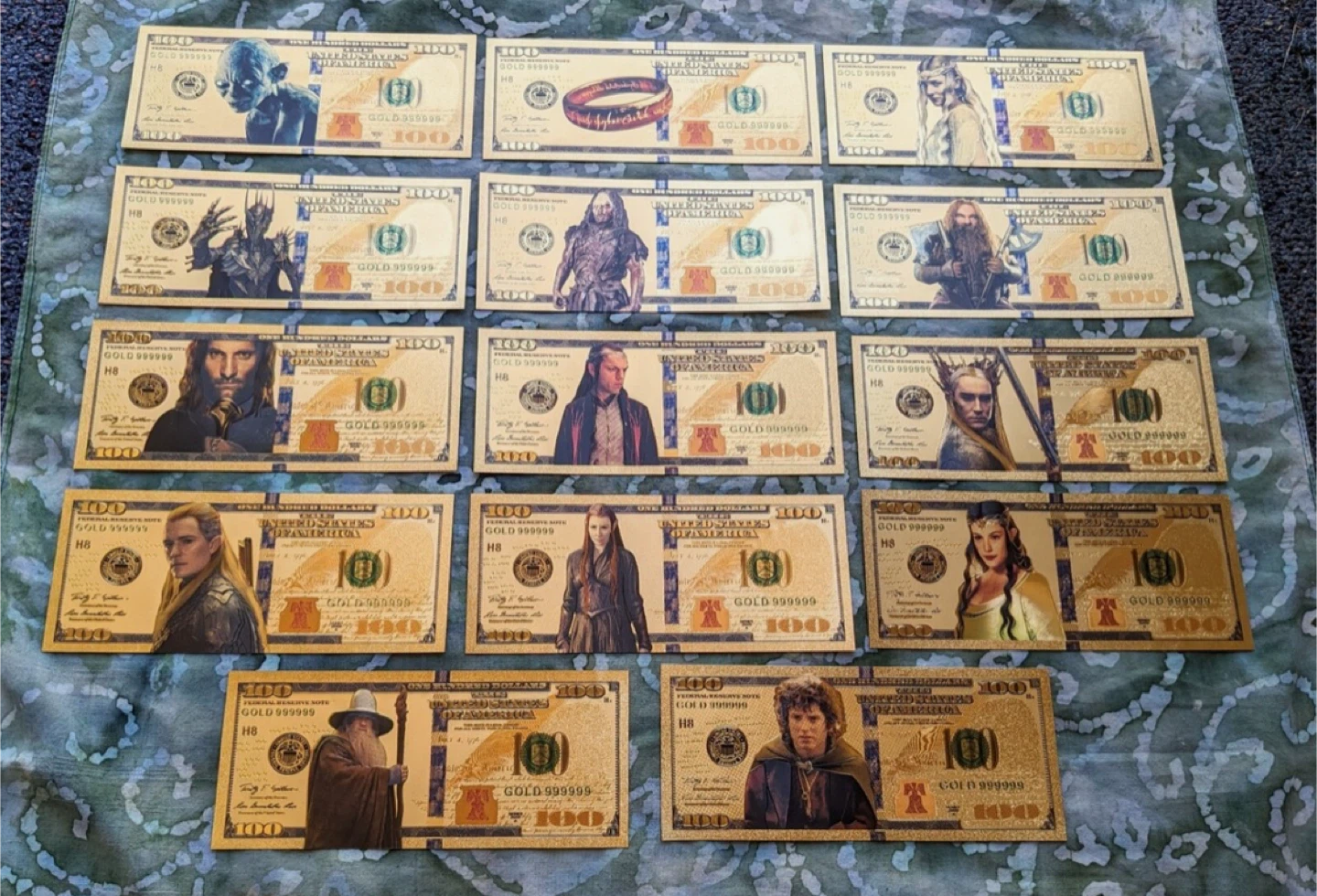 14 foils Lord of the Rings Gold Plated $100 Bills