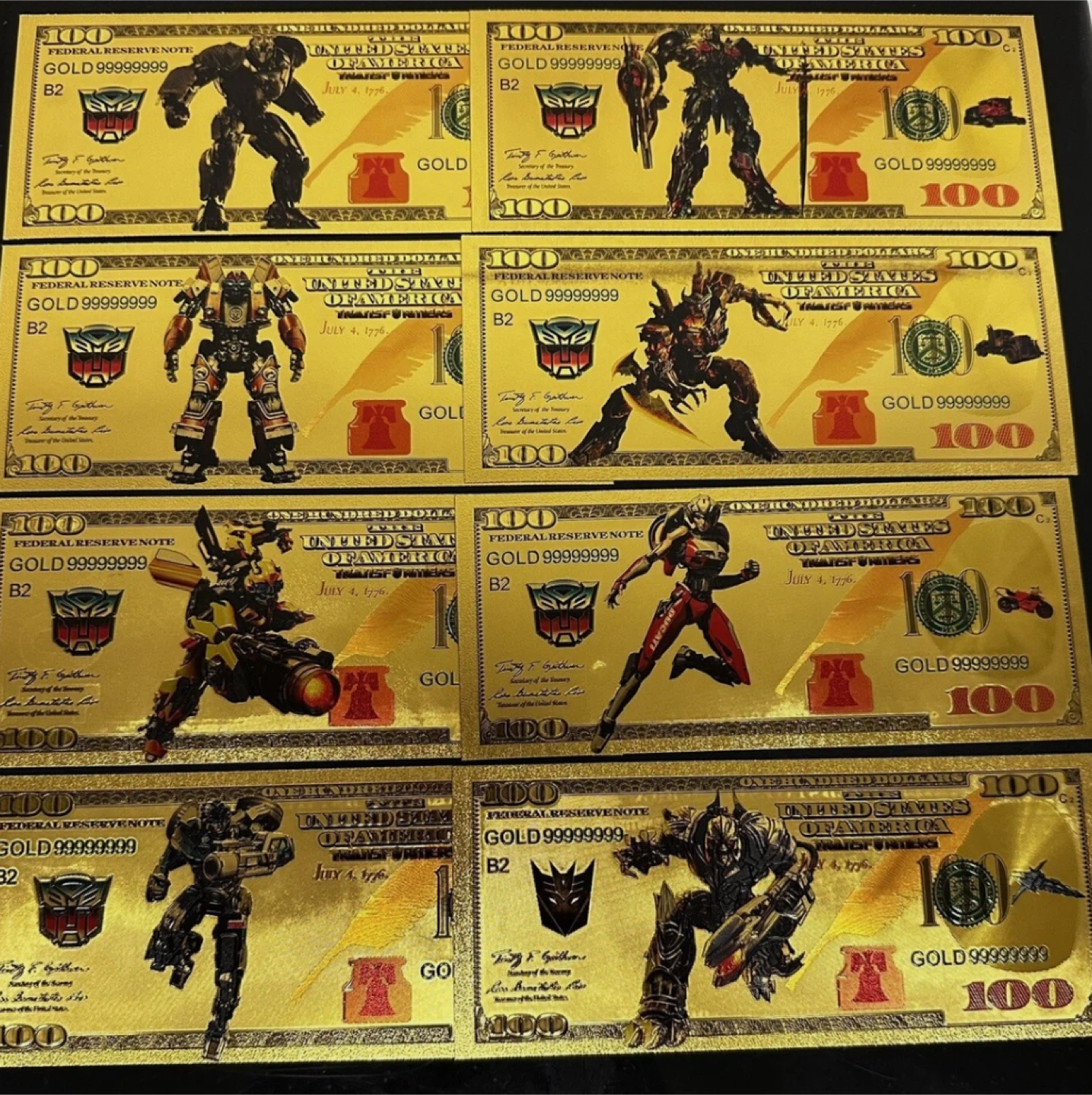Transformers gold foil banknote Set Of 8