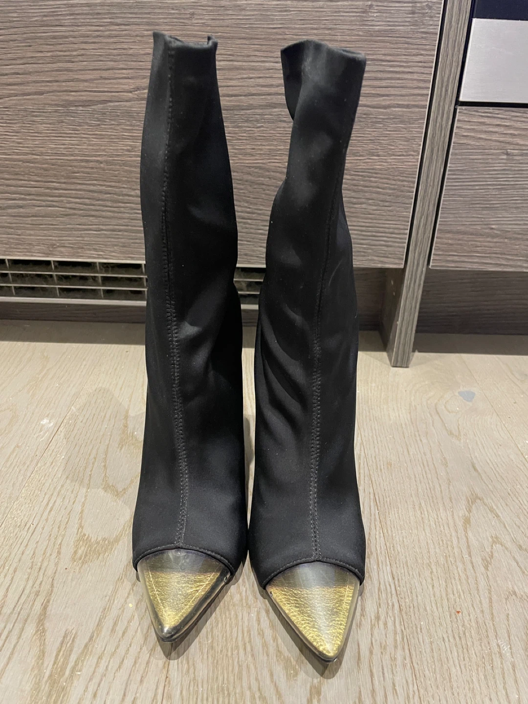 Black Ankle Boots with Gold Toe Detail