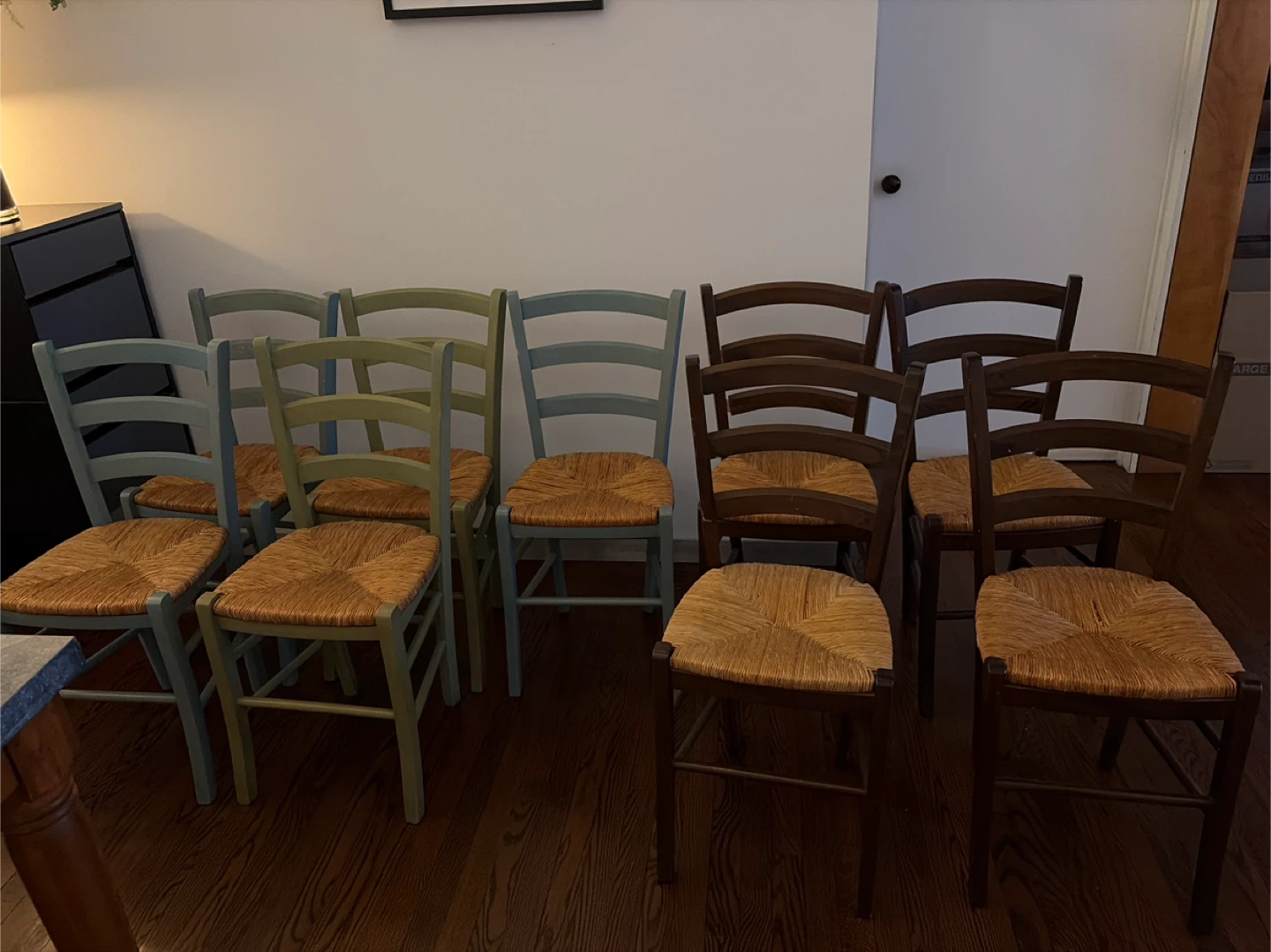 Set of 9 Wooden Chairs w/ Woven Seats
