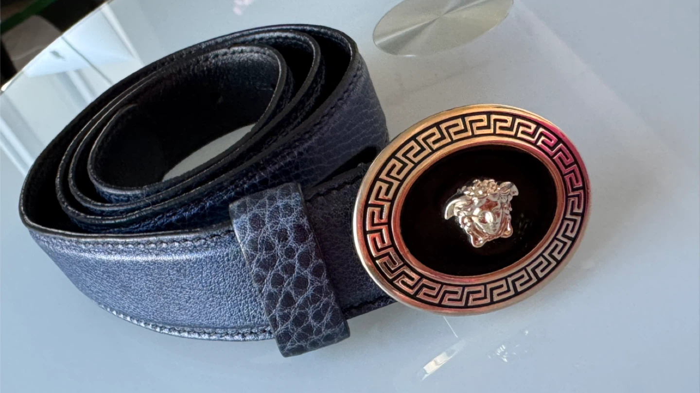 Versace Leather Medusa Belt Blue  Gold-Tone Buckle Women