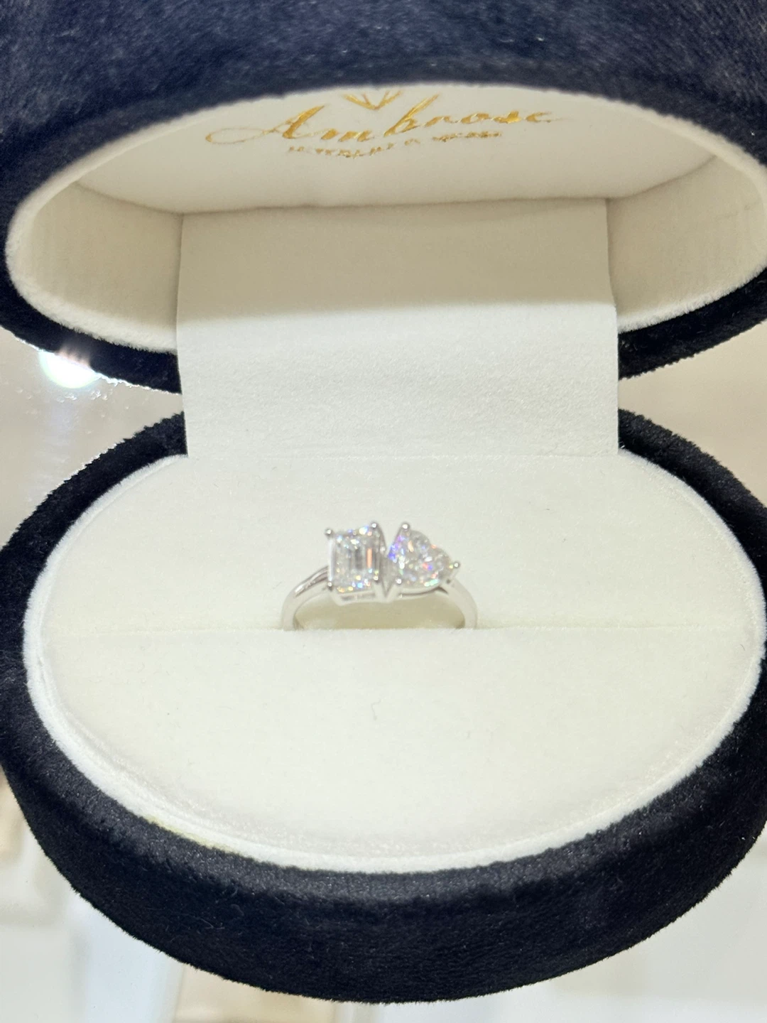 2 carats 925 silver emerald and heart cut moissanite ring