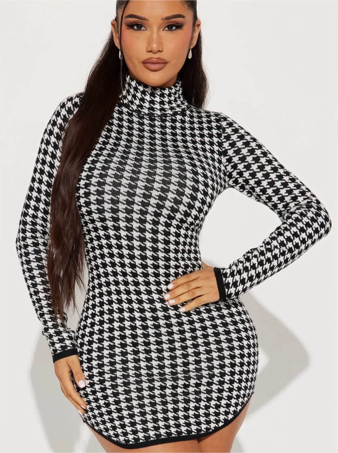 New Fashion Nova Houndstooth Long Sleeve Mini Dress