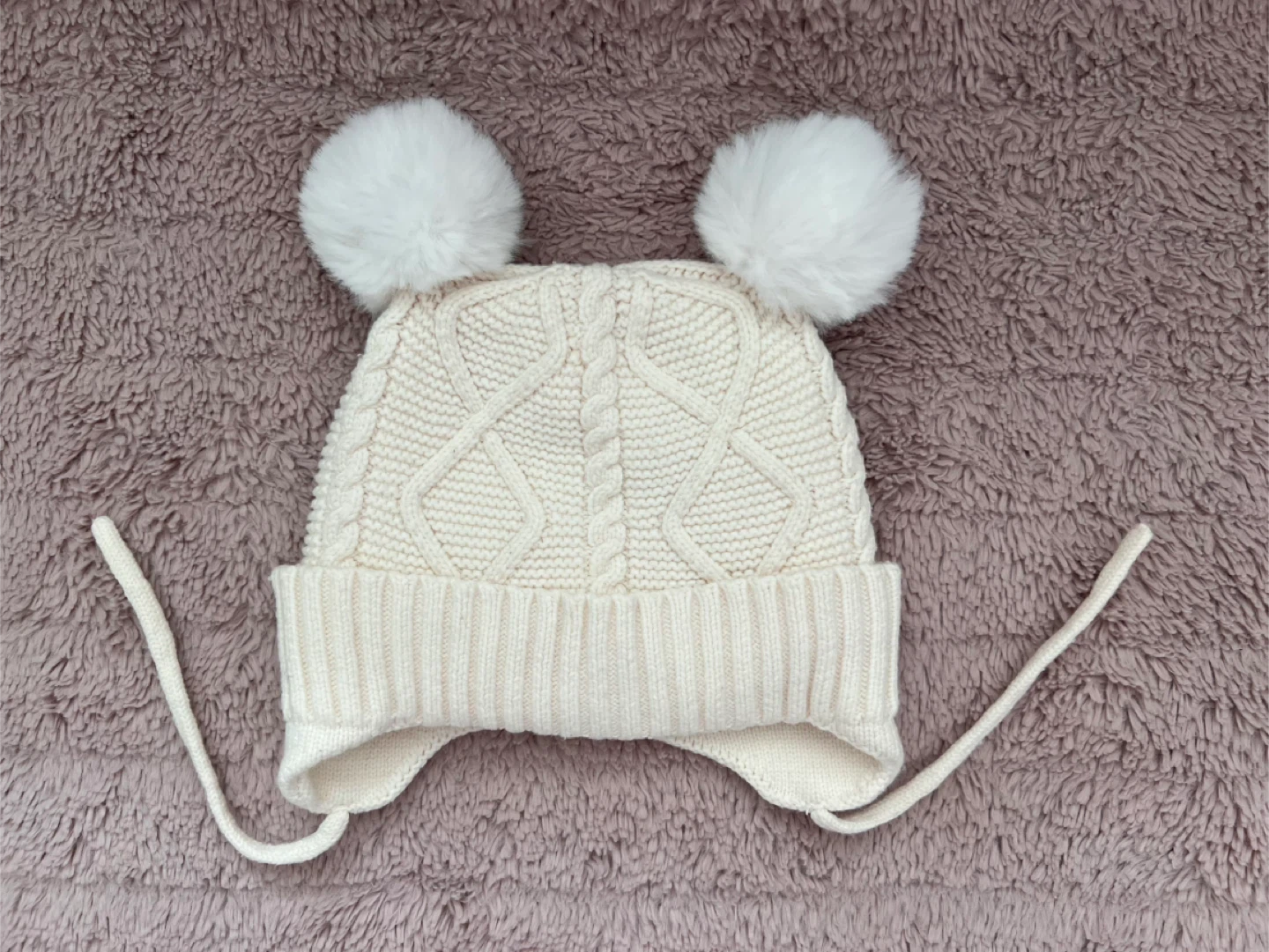 White Knit Baby Hat with Pom Poms