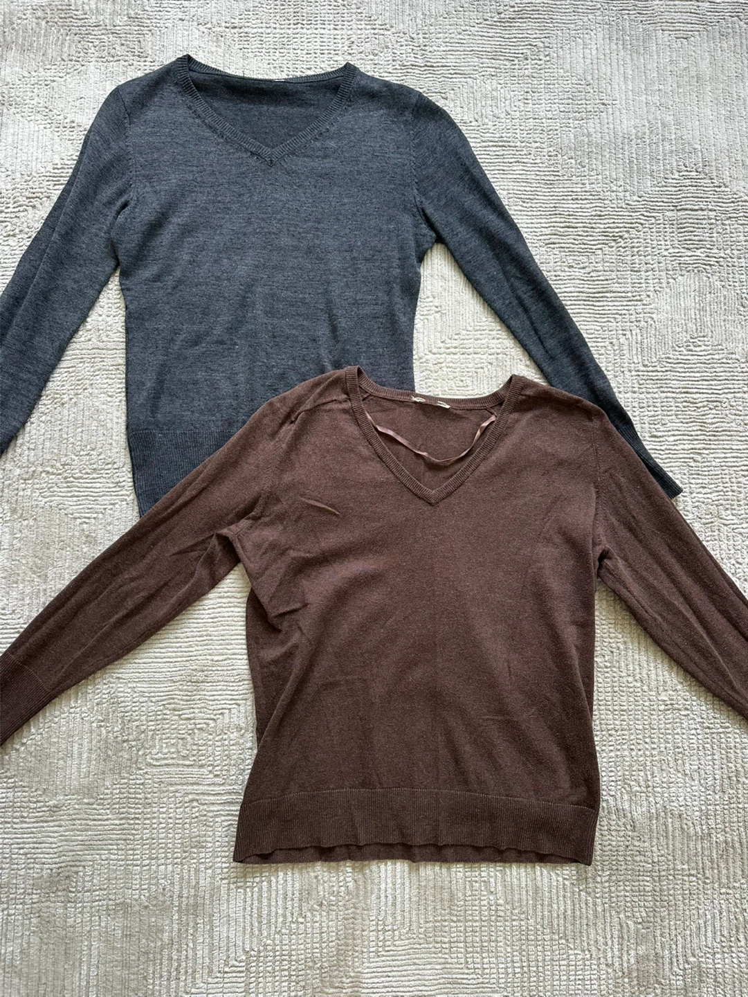 Two V-Neck Sweaters - Brown & Grey