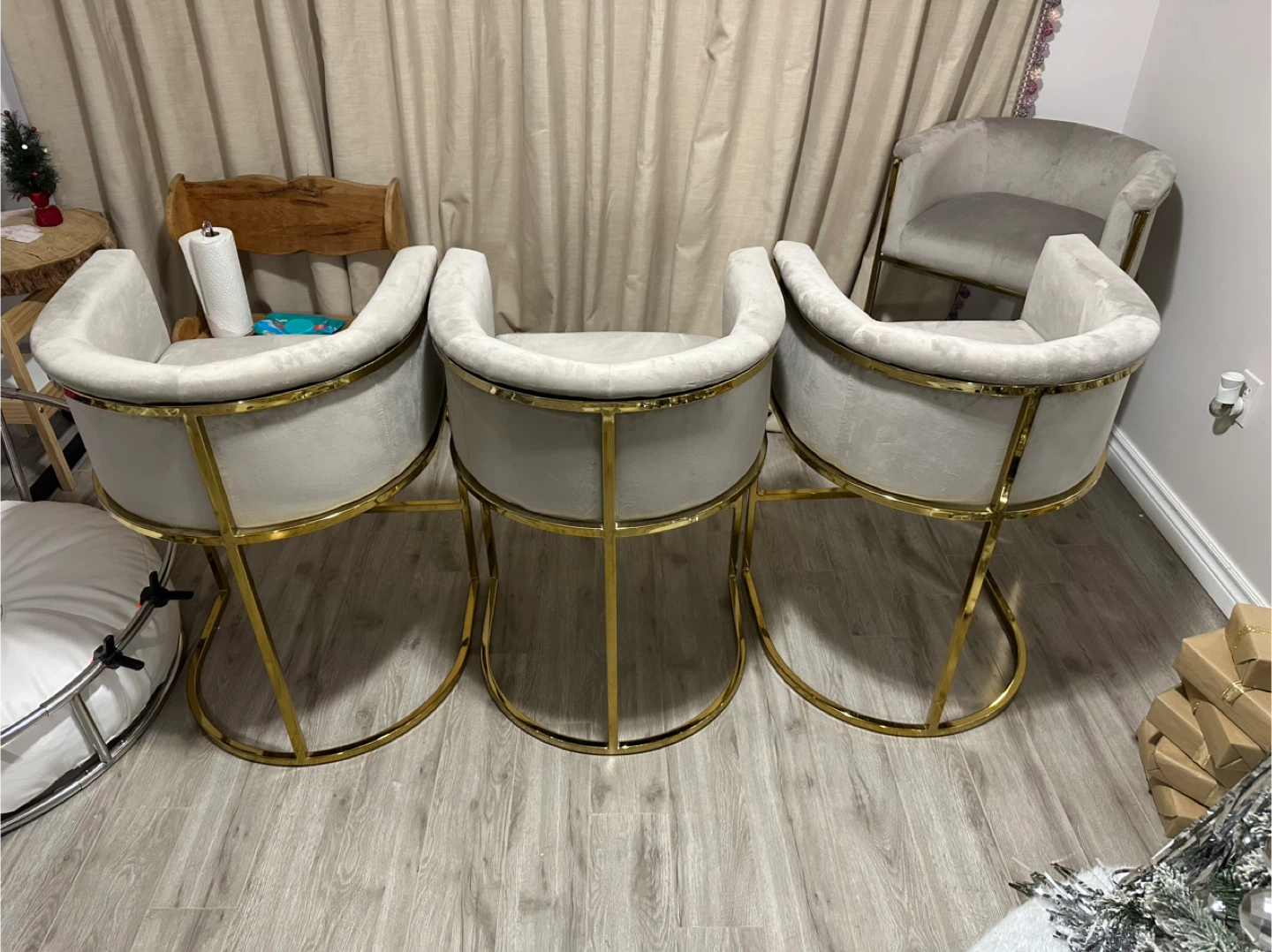 Set of 4 Gold & Grey Velvet Bar Stools - photo 2