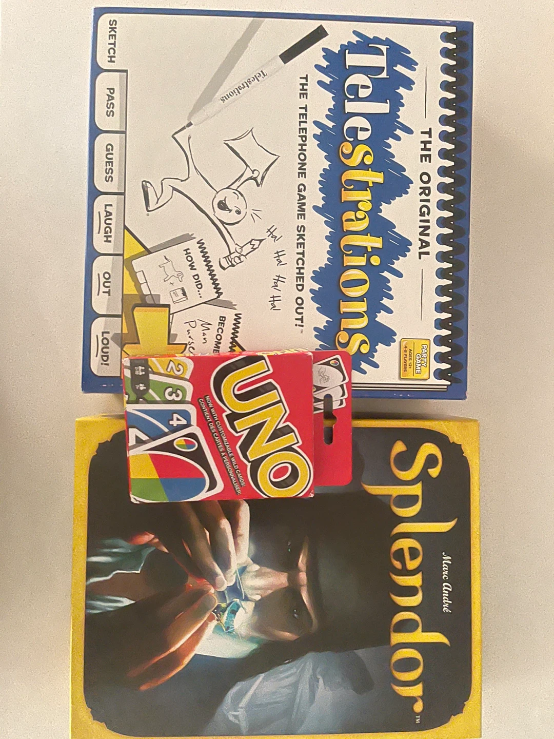 Telestrations, Splendor, and UNO Card Game Bundle