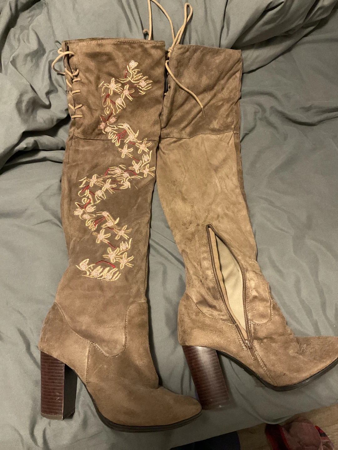 Brown Embroidered Over-the-Knee Boots
