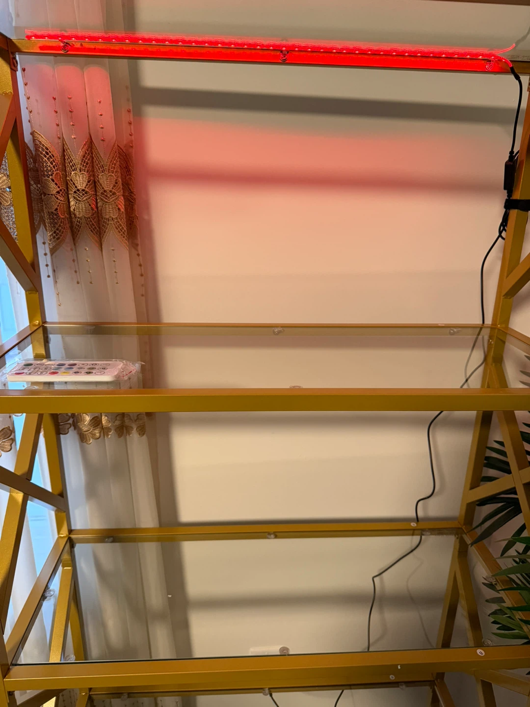 Gold Metal & Glass Shelf Unit with LED Light