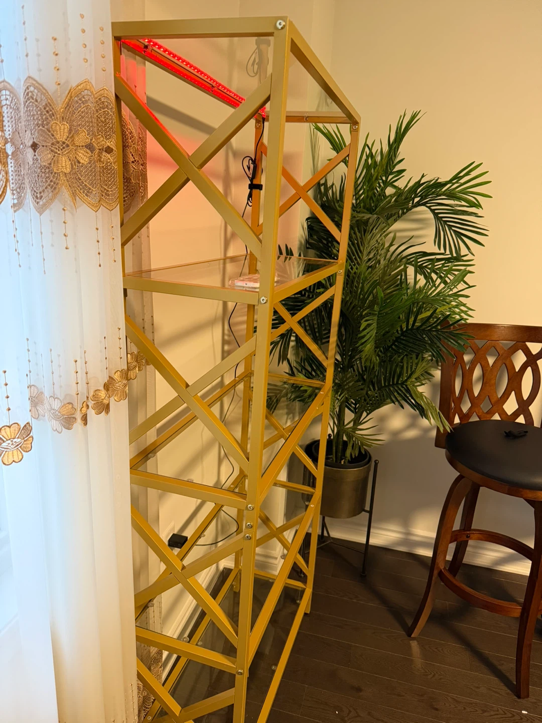 Gold Metal & Glass Shelf Unit with LED Light - photo 2