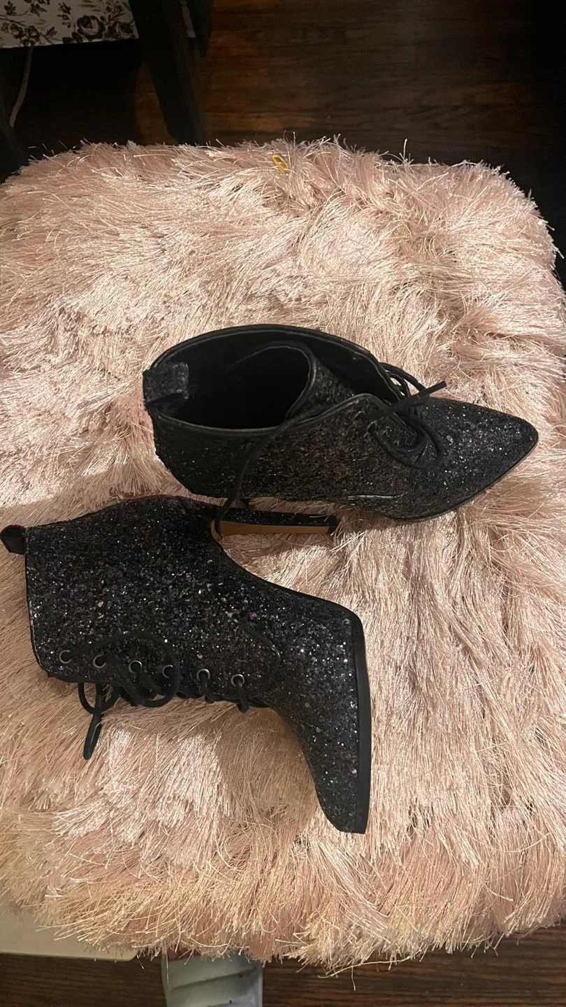 Black Glitter Lace-Up Heels
