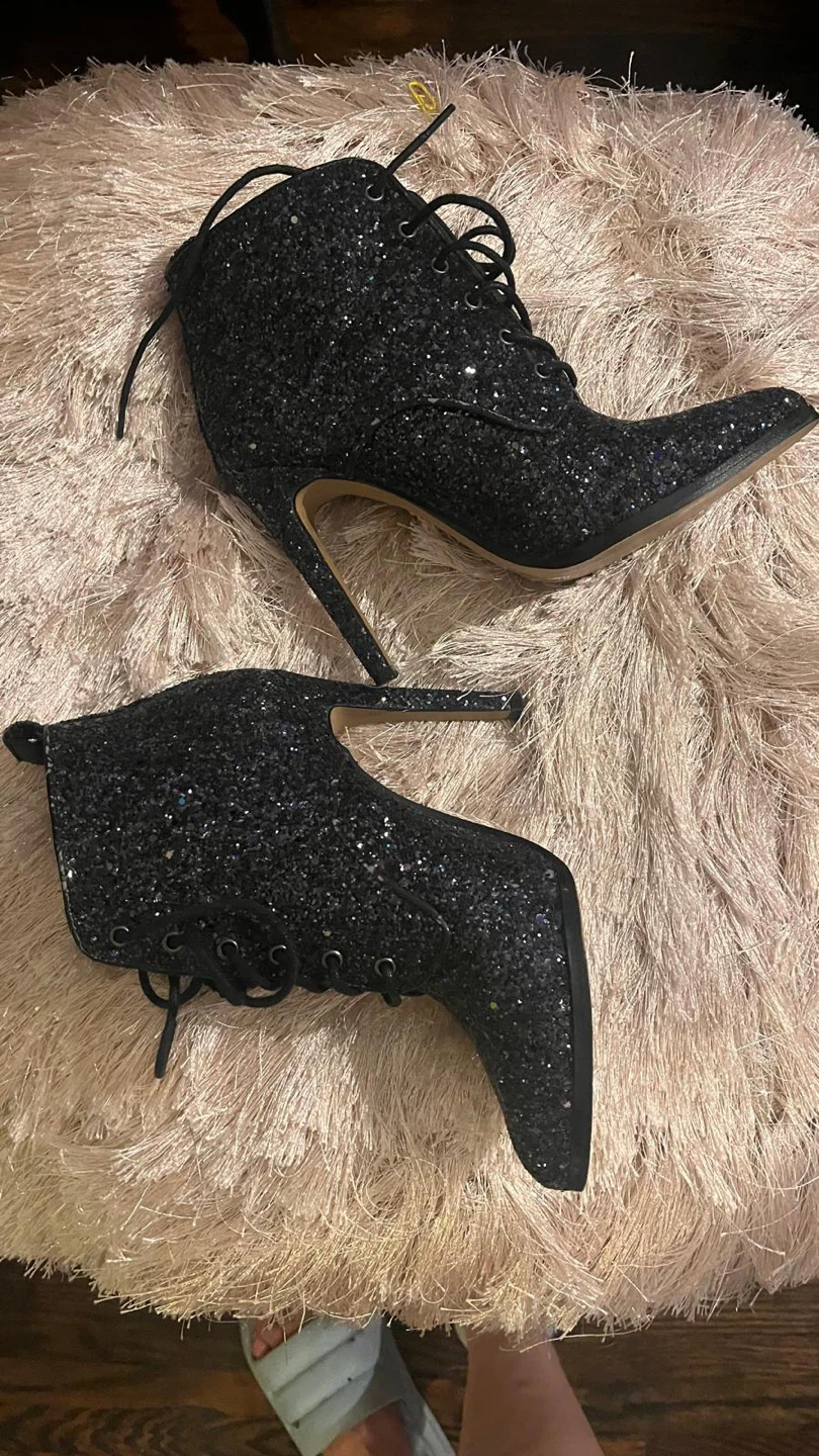 Black Glitter Lace-Up Heels - photo 5