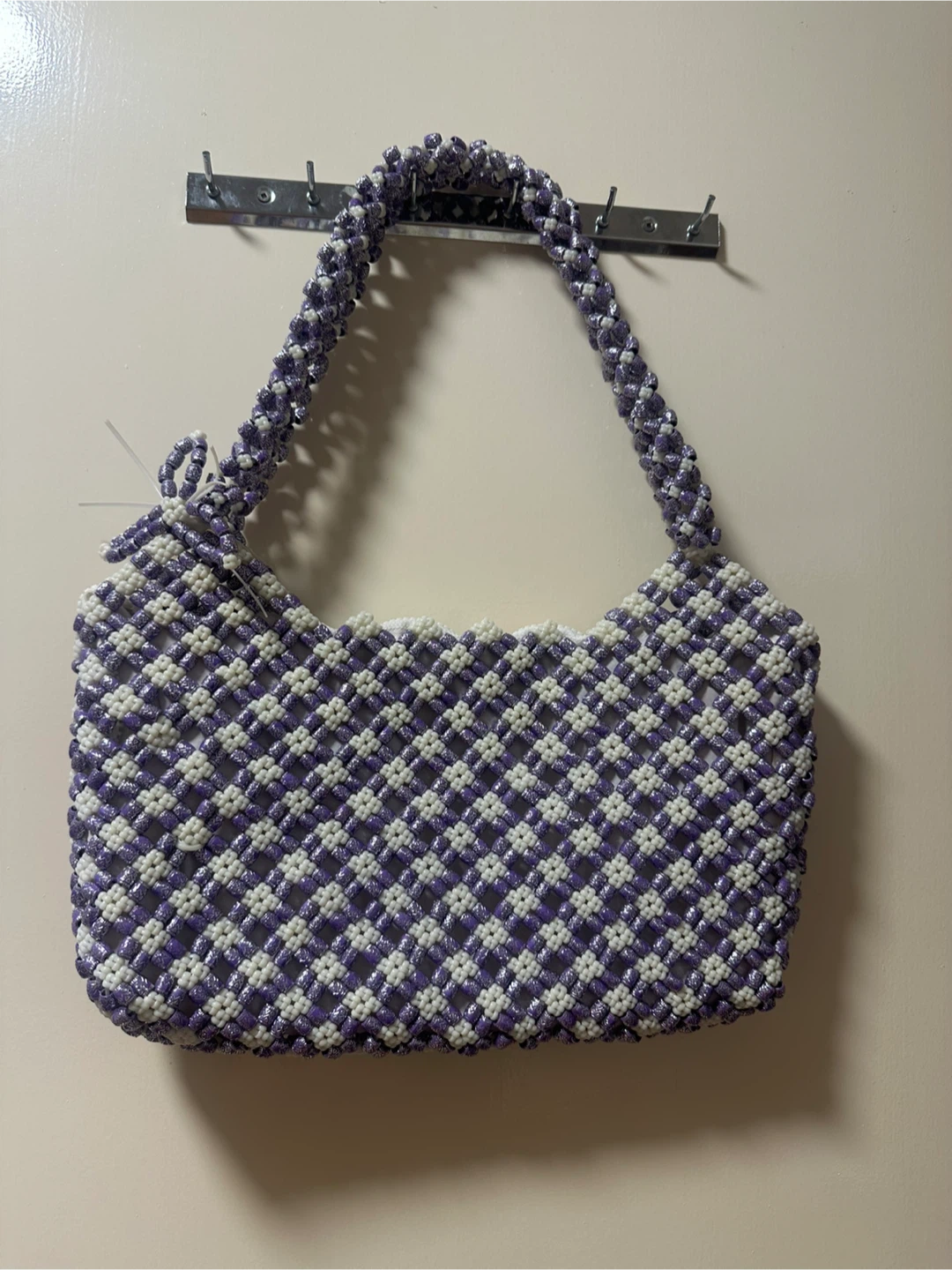 Handmade Beaded Shoulder Bag - Purple & White