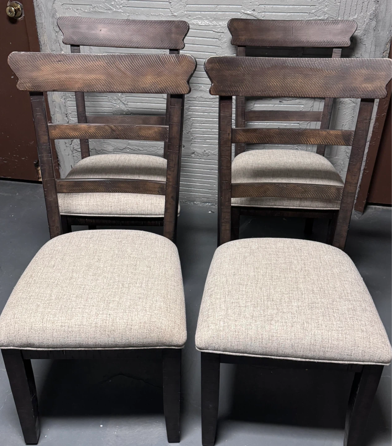 Set of 4 Dining Chairs - Brown Wood, Beige Cushions - photo 2