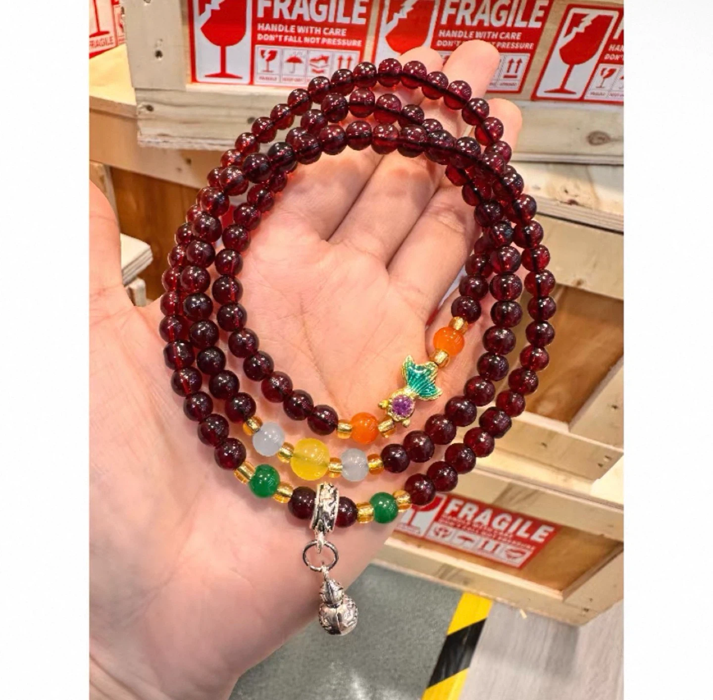 Red Garnet Beaded Bracelet with Charms