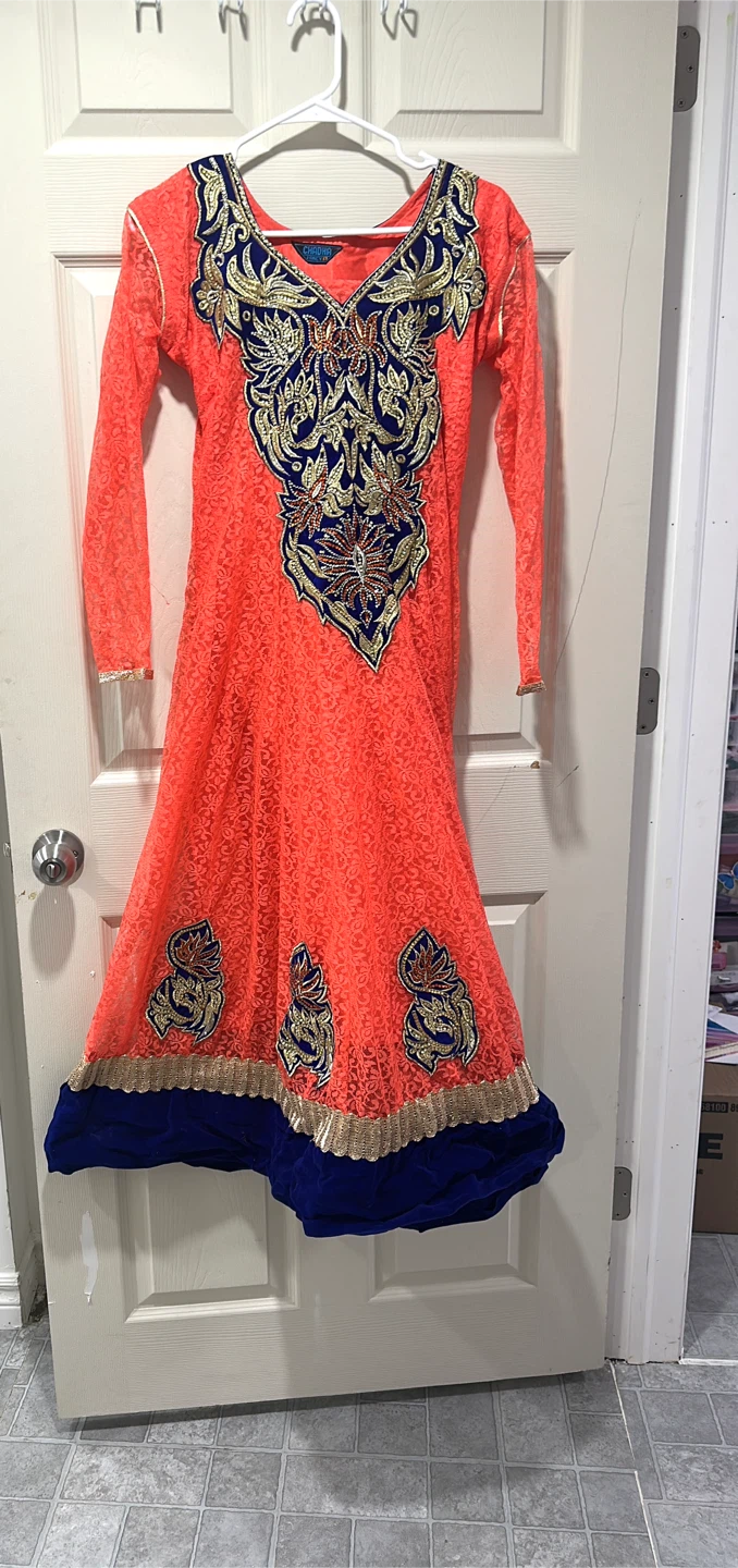 Coral & Blue Embroidered Anarkali Dress - photo 3
