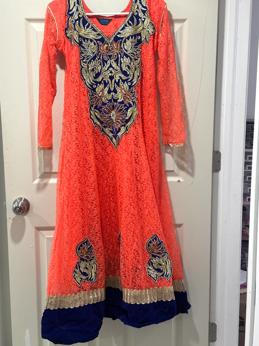 Coral & Blue Embroidered Anarkali Dress
