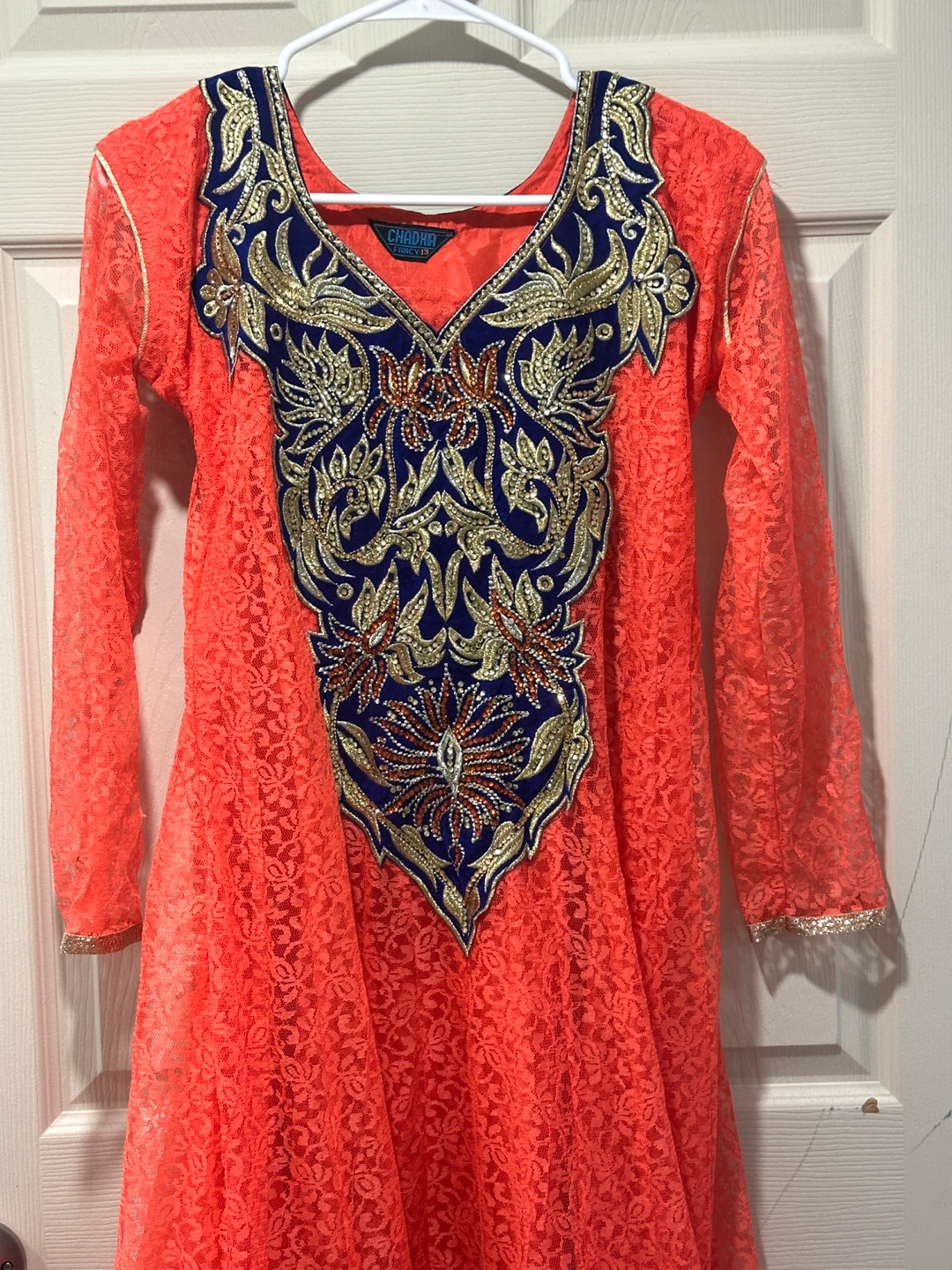 Coral & Blue Embroidered Anarkali Dress - photo 2