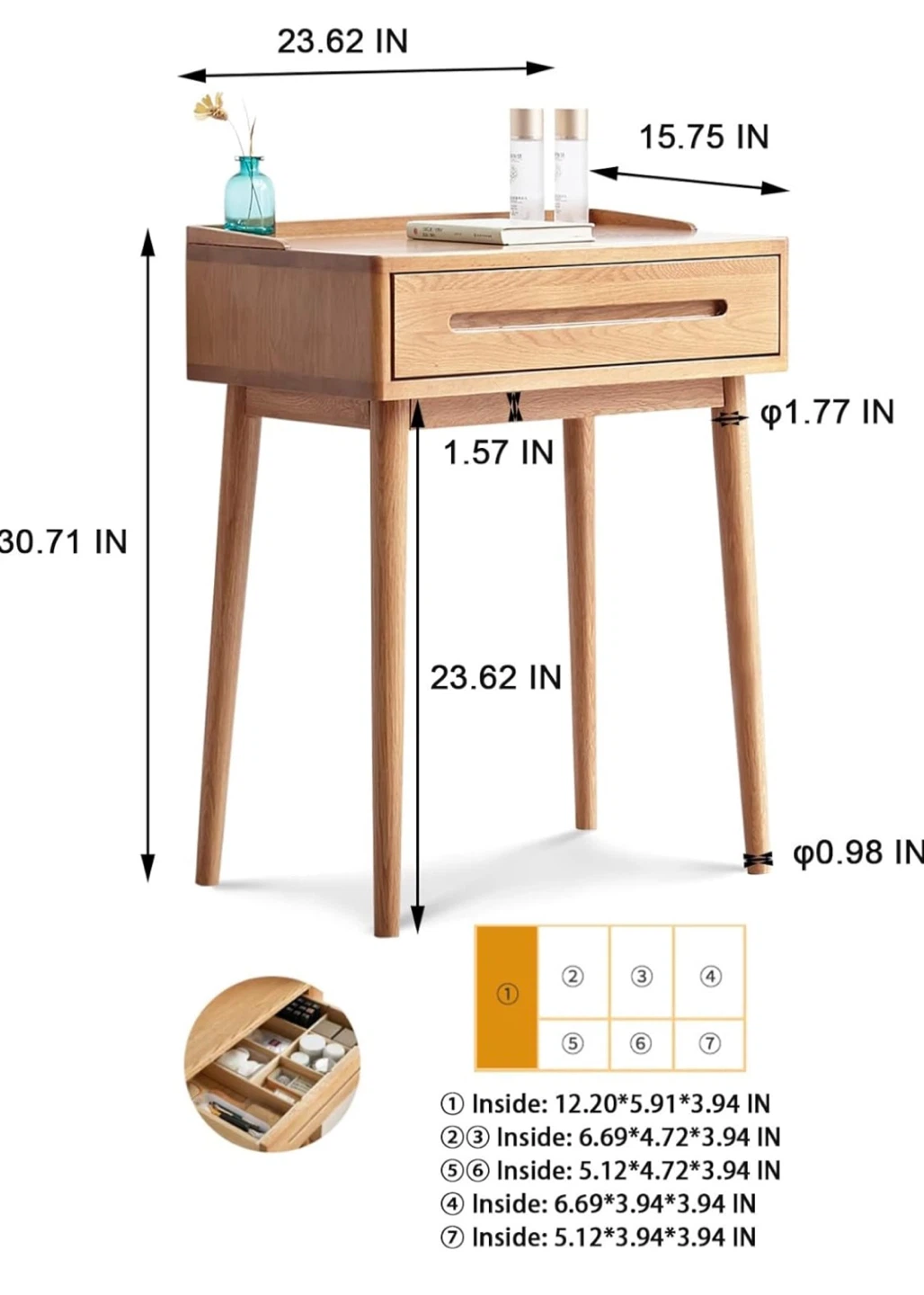 Solid Wood Nightstand Desk or Vanity Table with Drawer, 30.7" H