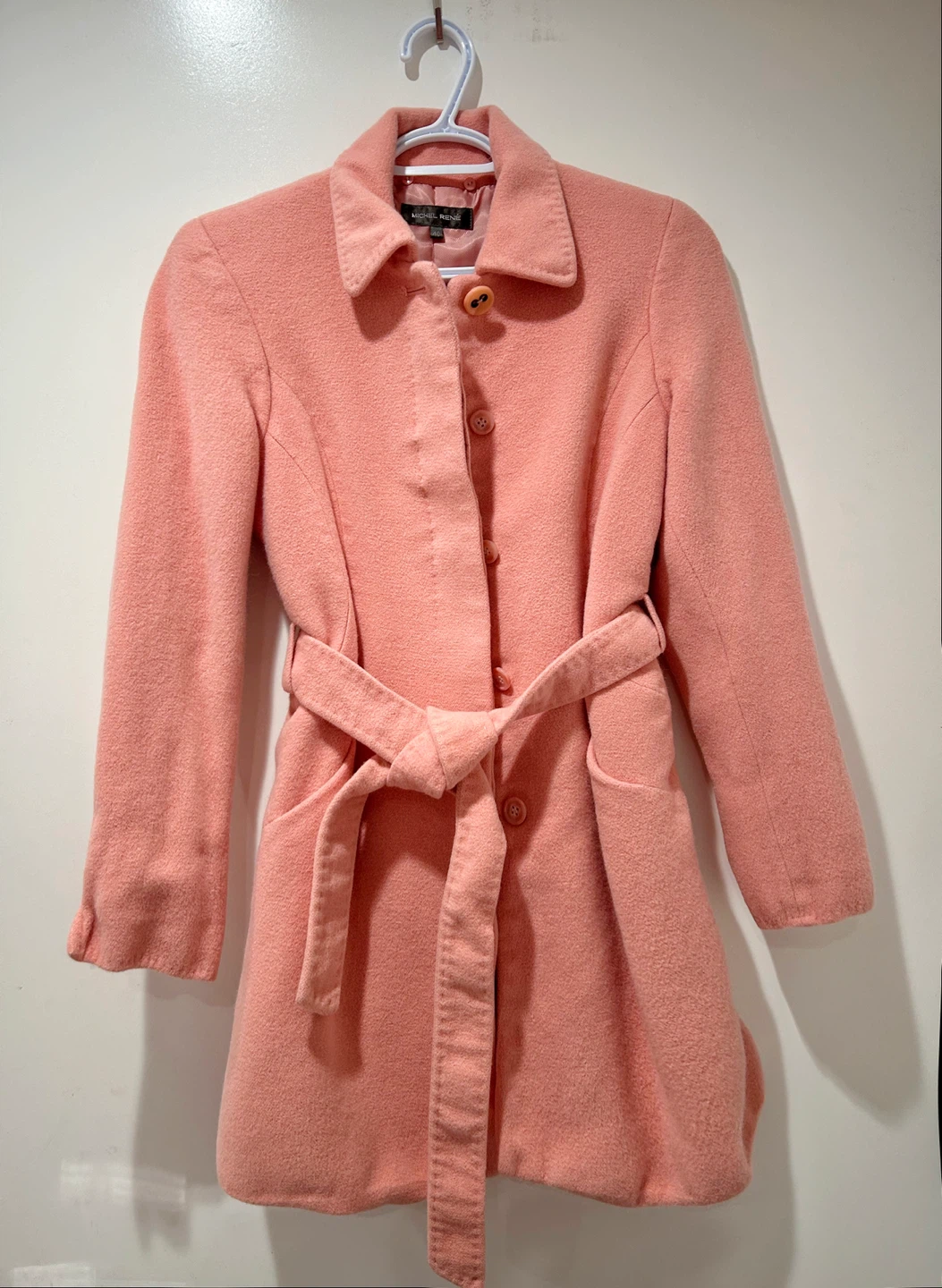 Stylish Pink Wool Belted Coat w/ Removable Faux Fur Collar - photo 2