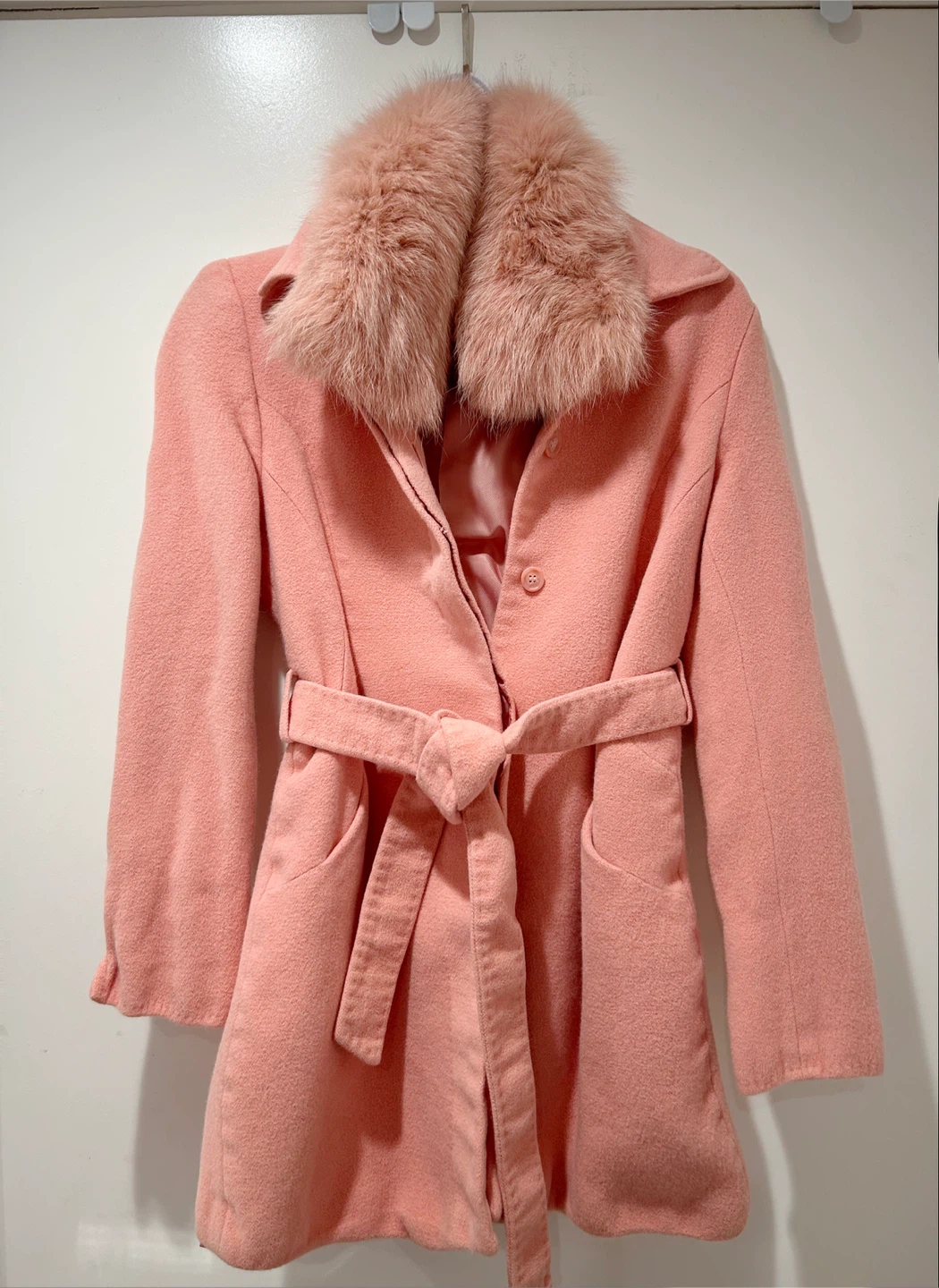 Stylish Pink Wool Belted Coat w/ Removable Faux Fur Collar