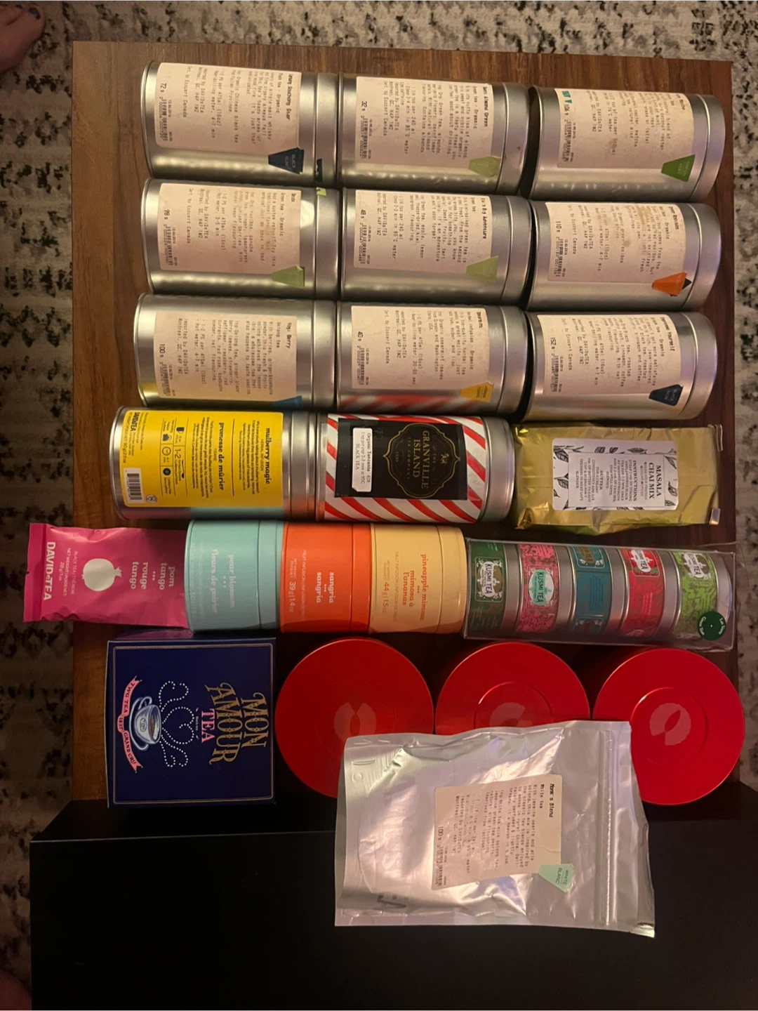 Variety of Tea Tins: DAVIDsTEA, Kusmi Tea, Granville Island