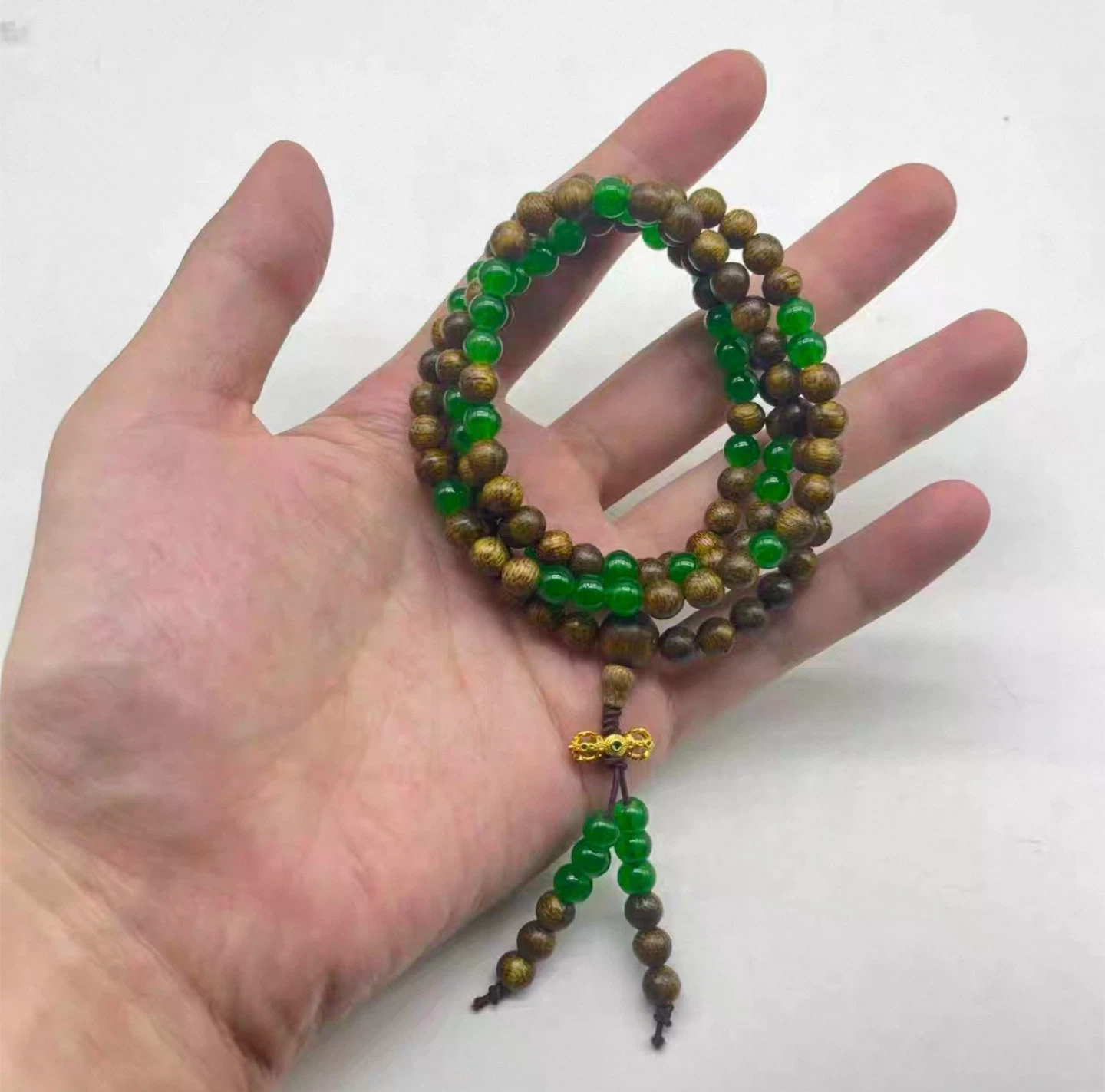 Wood & Green Jade Beaded Bracelet