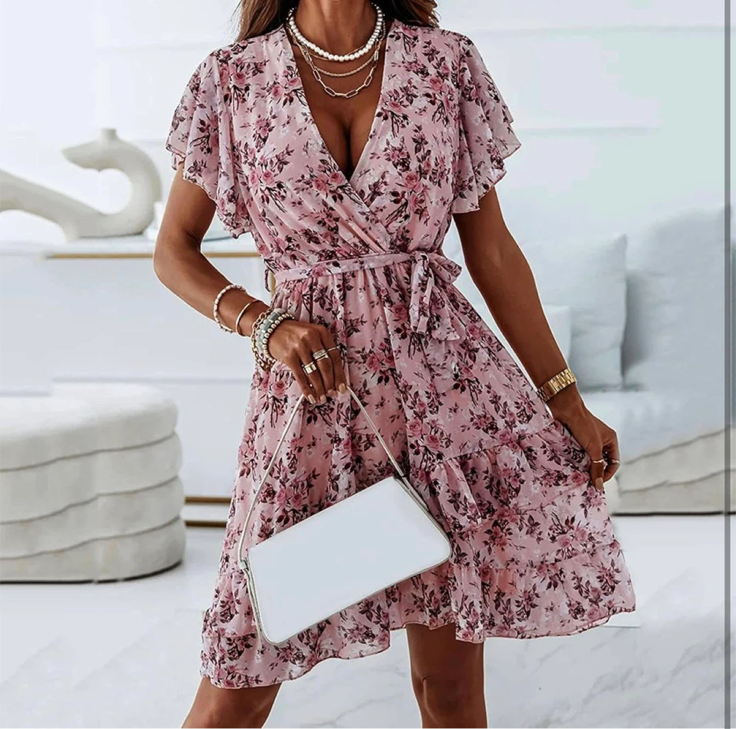 NEW! Boho V-Neck Floral Print Wrap Mini Dress - photo 2
