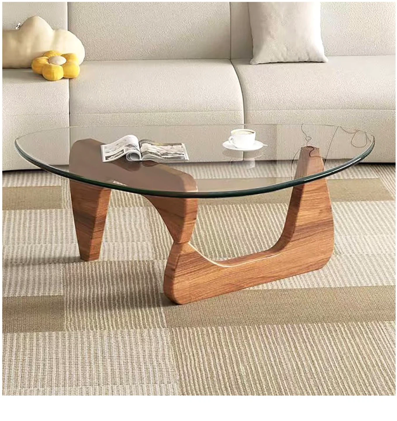Noguchi styled Glass Top Coffee Table - Wood Base, 100x73x10cm - photo 5