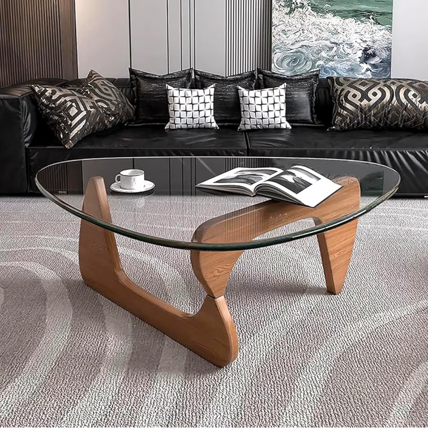 Noguchi styled Glass Top Coffee Table - Wood Base, 100x73x10cm
