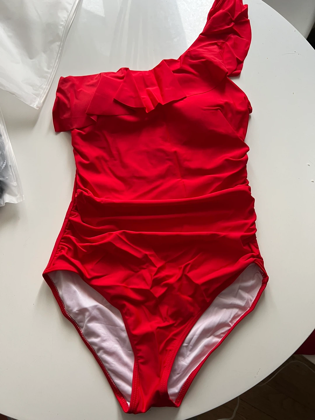 Red One-Shoulder Ruffle Swimsuit - New