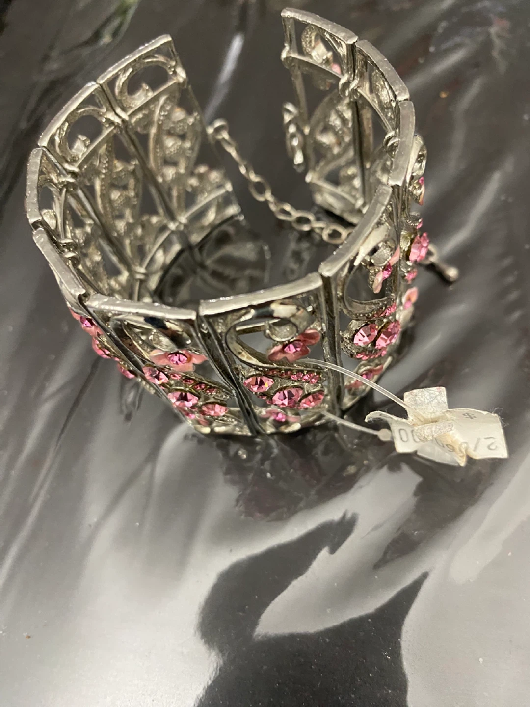 Silver Tone & Pink Floral Bracelet