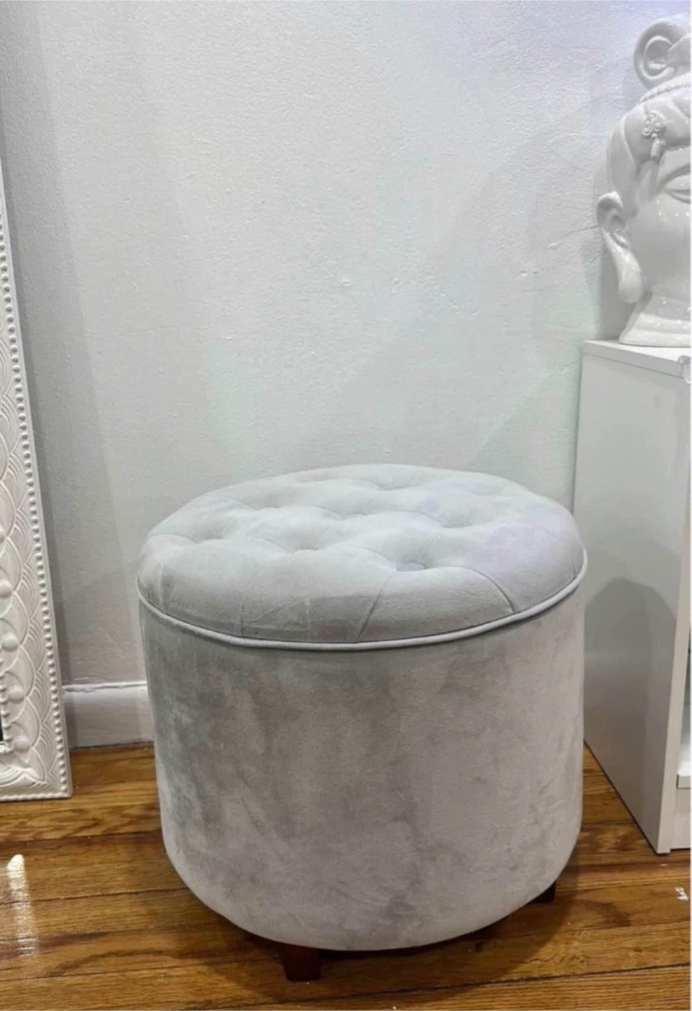 Gray Velvet Round Ottoman Footstool - photo 2