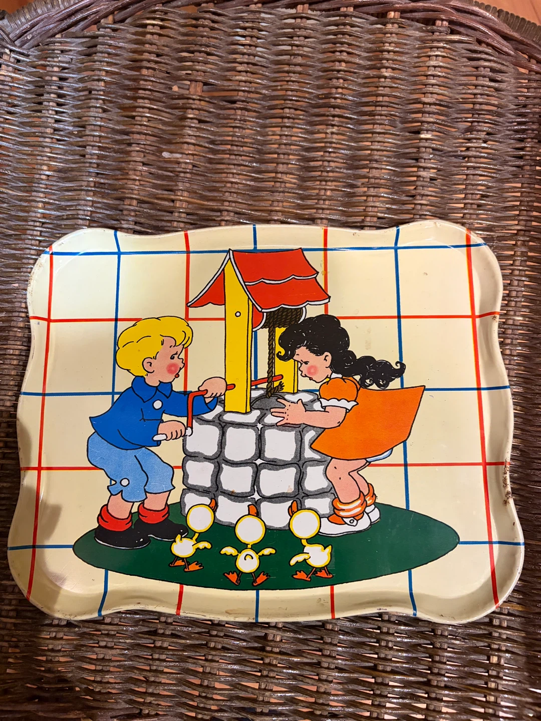 Vintage Metal Tray with Children and Ducklings