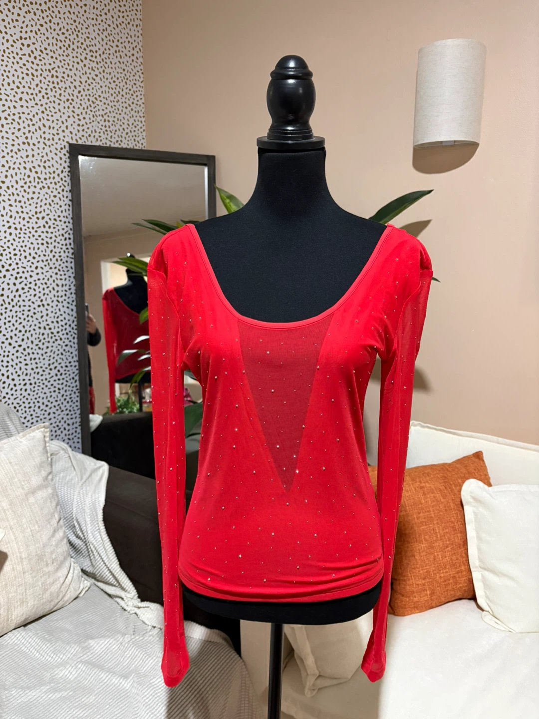 Relipop Red Rhinestone Long Sleeve Top - Size L