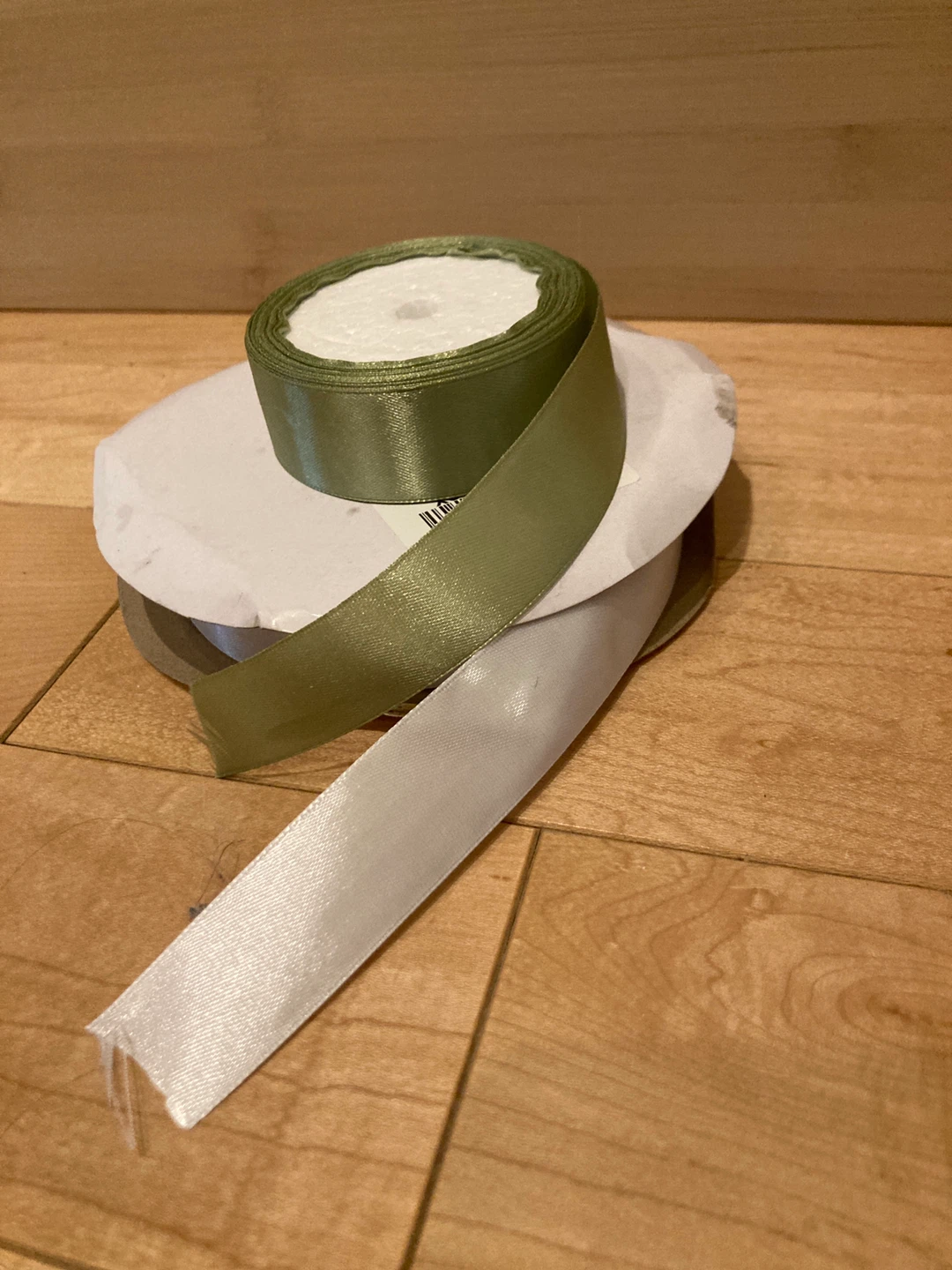 Craft Ribbon - White and Olive Green - photo 2