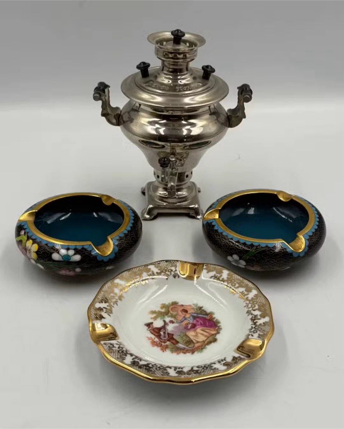 Vintage Cloisonné Ashtrays & Samovar Set