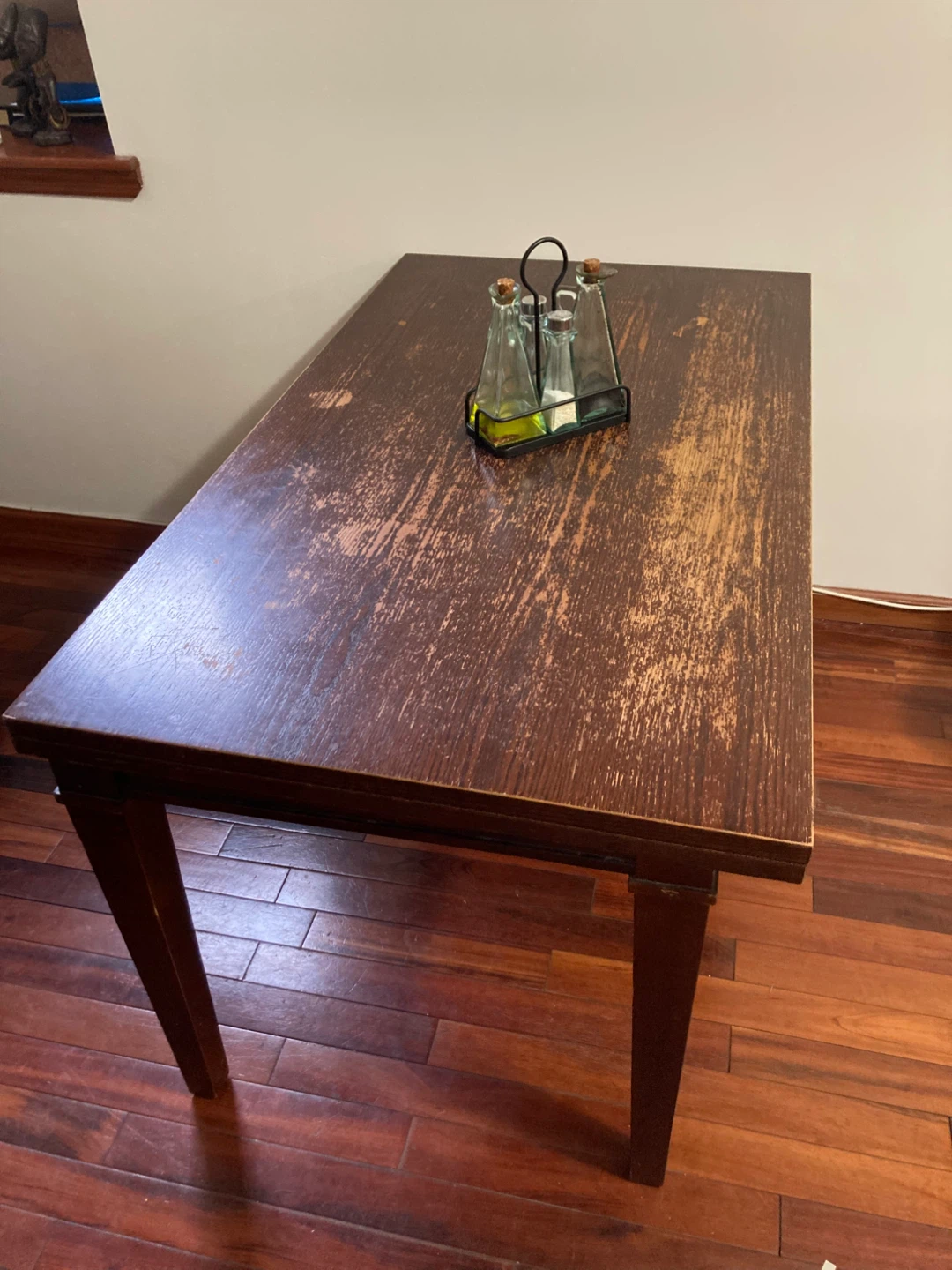 Pivoting, extendable, brown wood, dining table