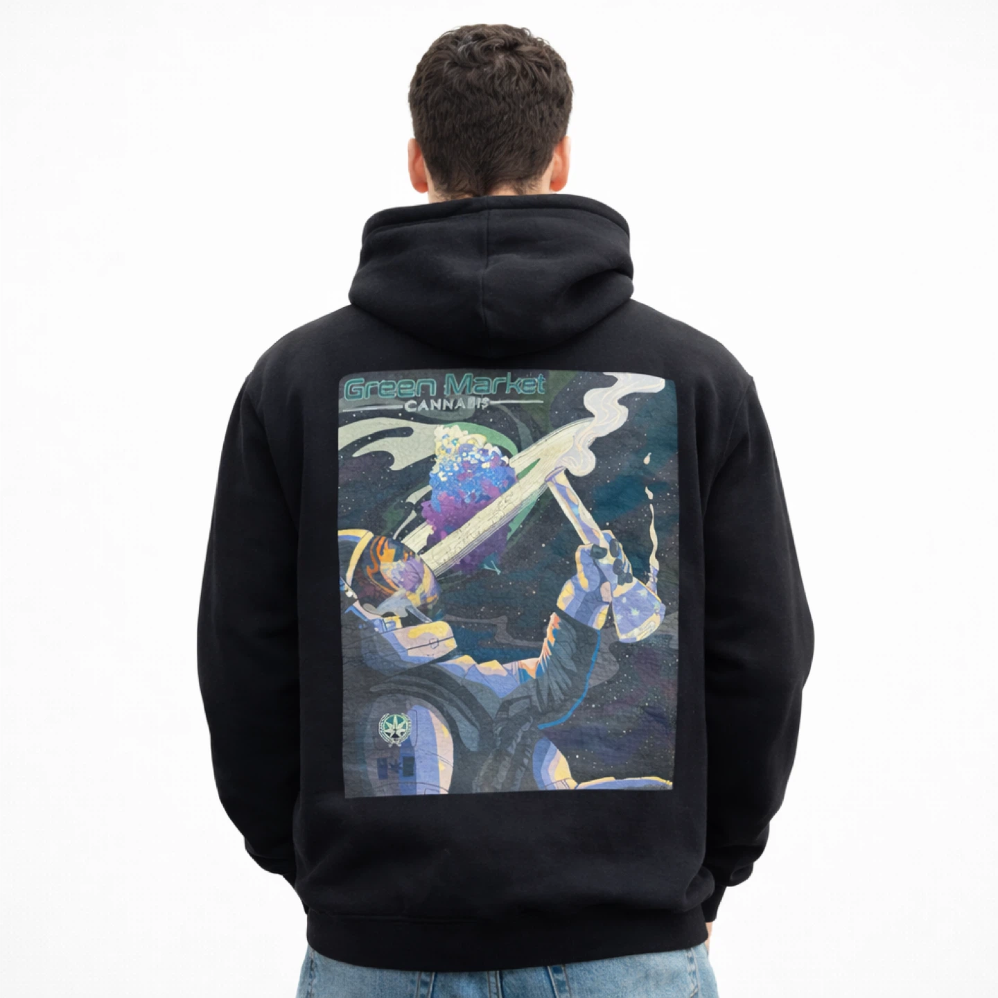 Green Market Cannabis Black Hoodie Men’s Size L Graphic Print - photo 2
