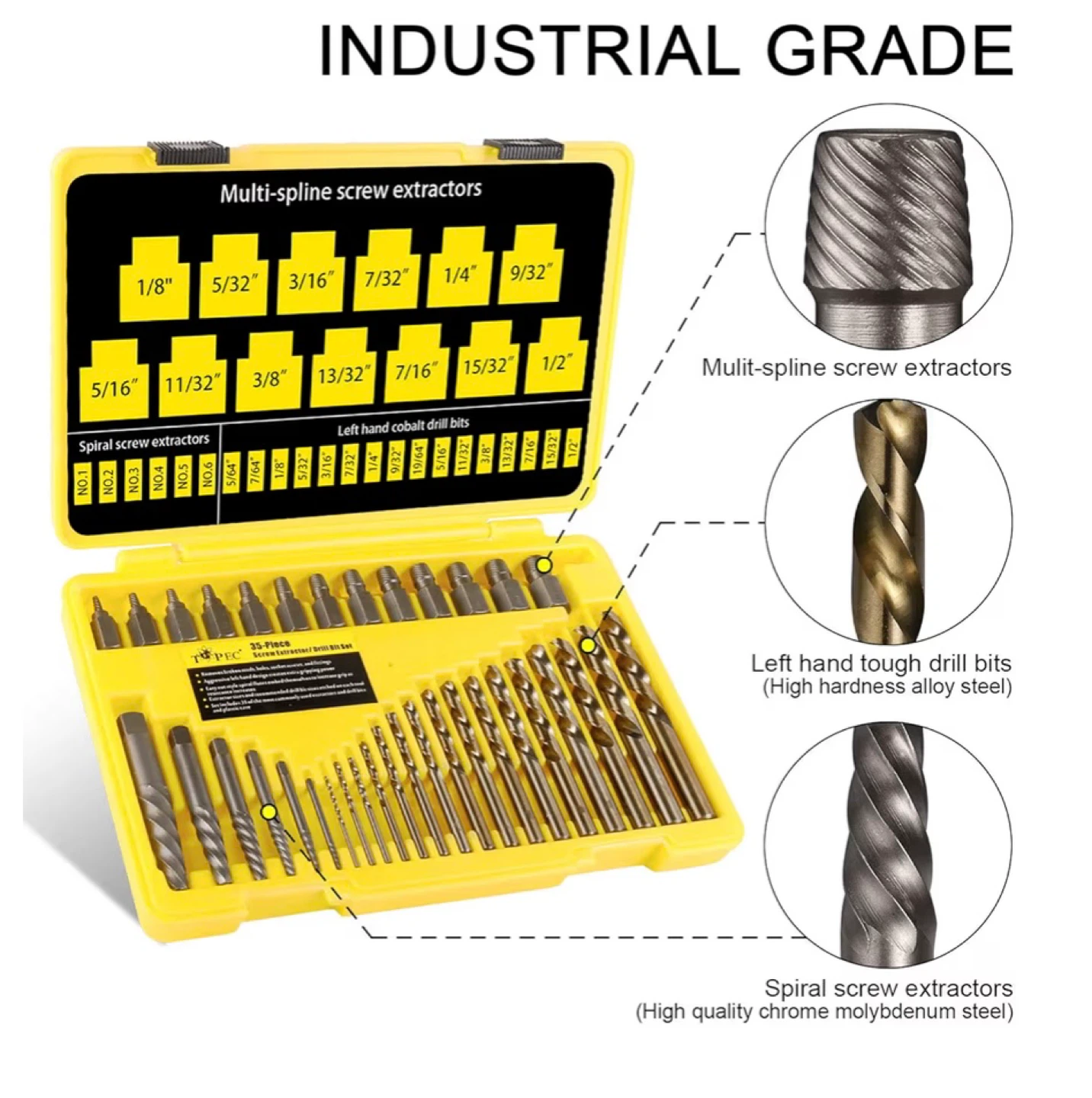 Topec 35-Piece Screw Extractor and Left Hand Drill Bits Set - photo 3