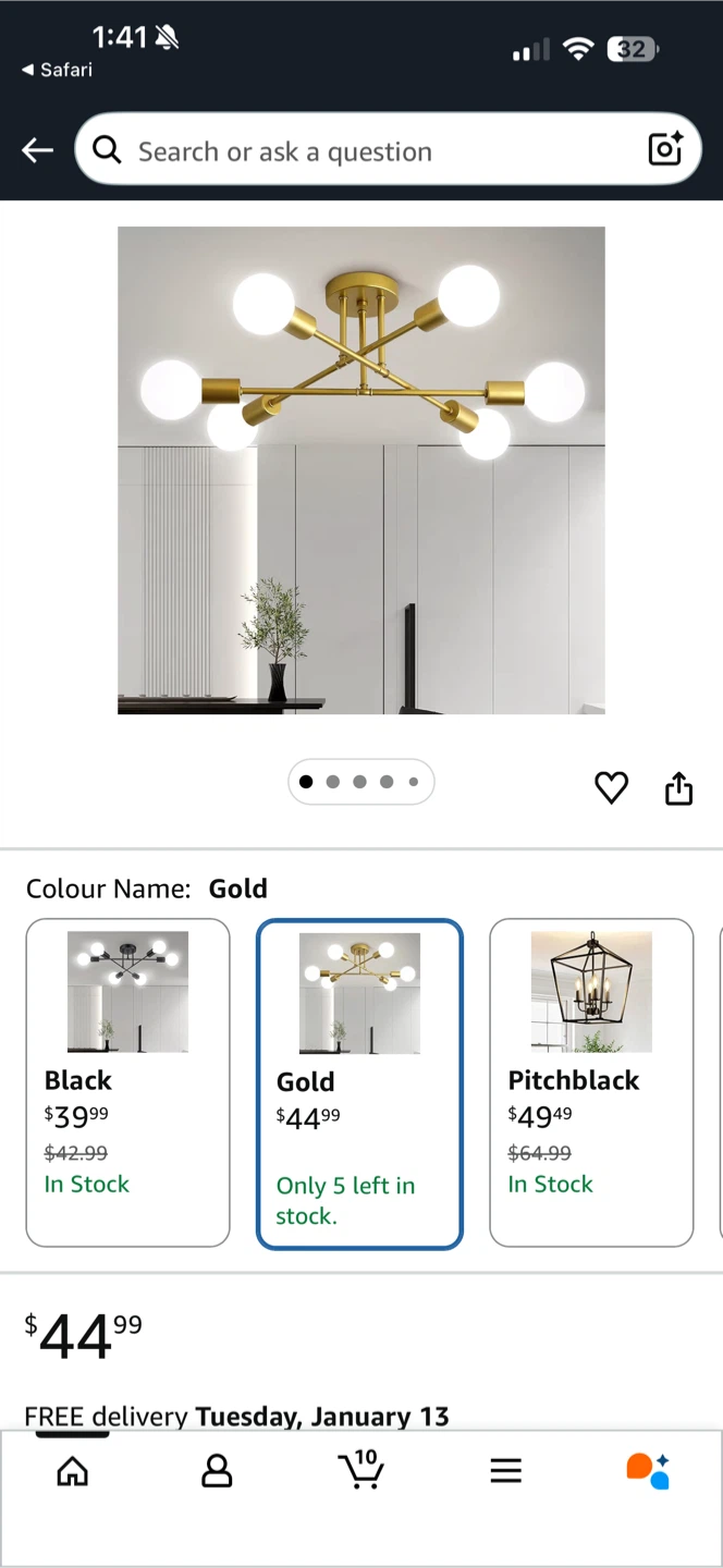 Gold Sputnik Chandelier - 6-Light Ceiling Fixture - photo 2