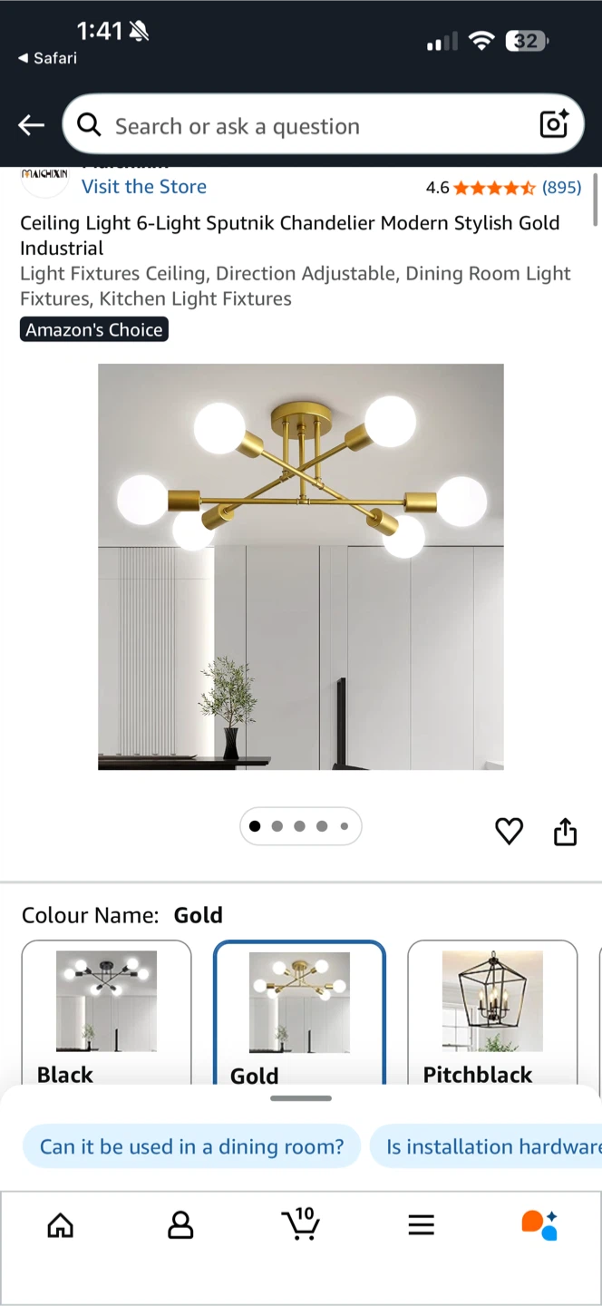 Gold Sputnik Chandelier - 6-Light Ceiling Fixture
