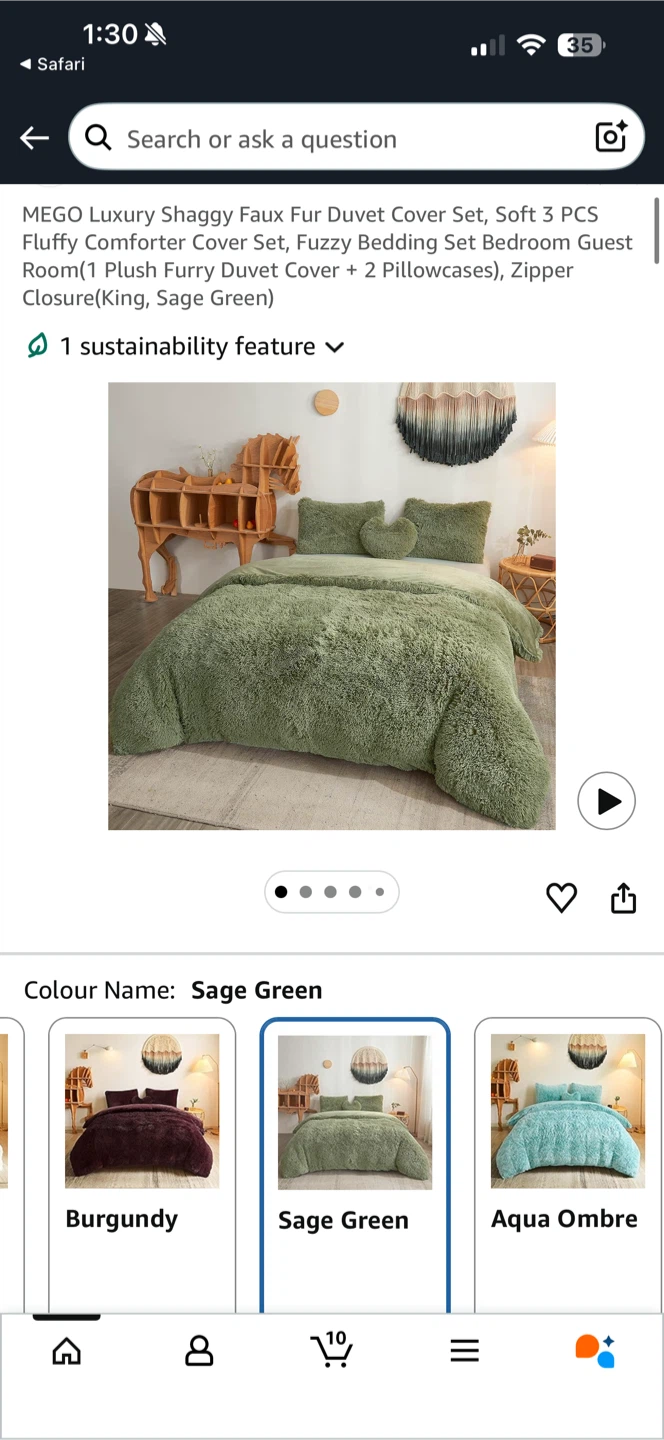 MEGO Luxury Shaggy Faux Fur King Duvet Cover Set - Sage Green