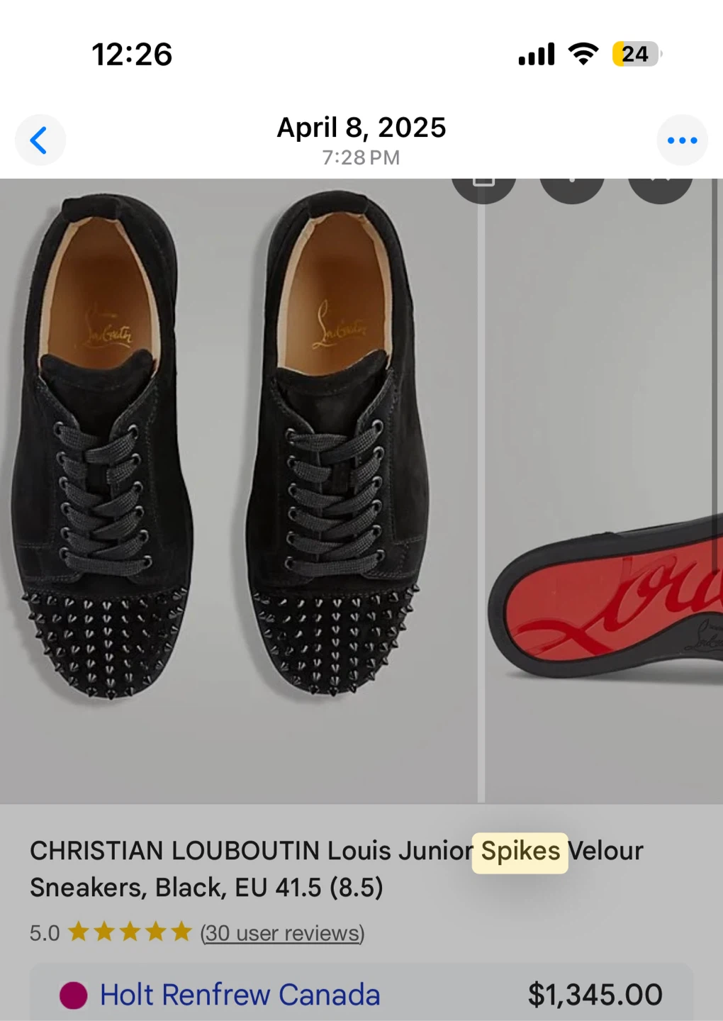 Used Christian Louboutin  Spikes Velour Sneakers - Size 8.5